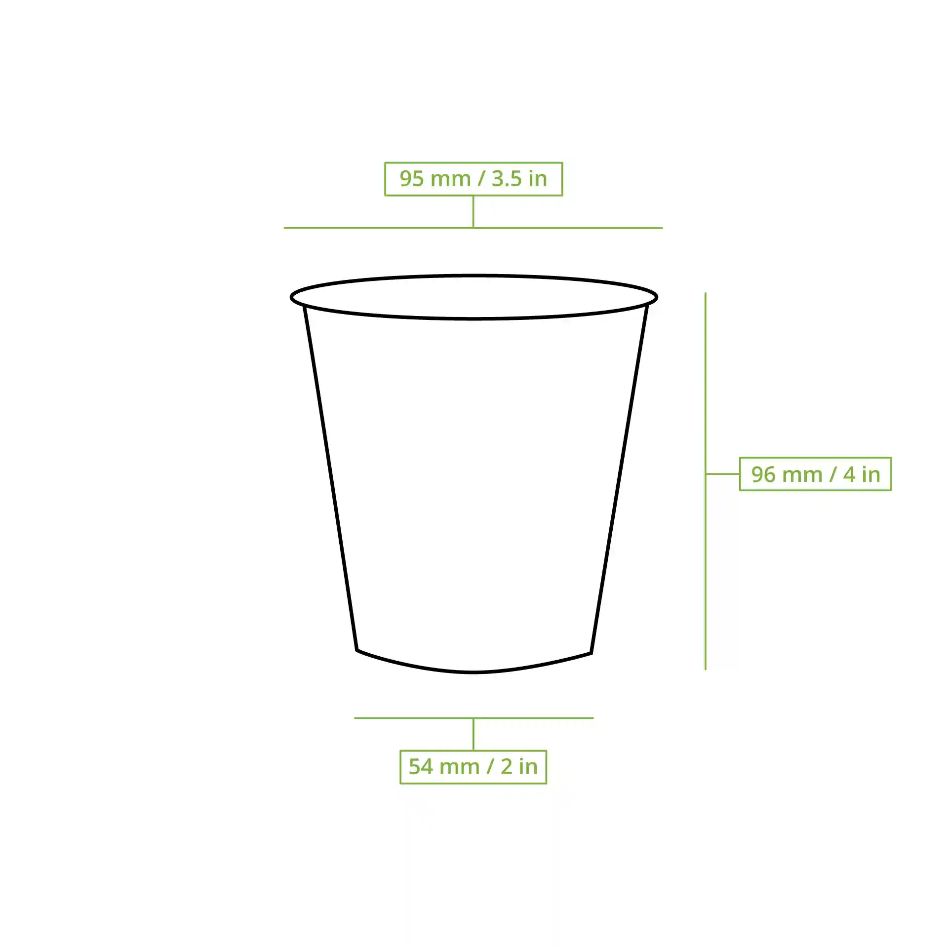 Dessin schématique d'un gobelet avec des lignes de dimension montrant une hauteur de 96 mm, un diamètre supérieur de 95 mm et un diamètre inférieur de 54 mm.