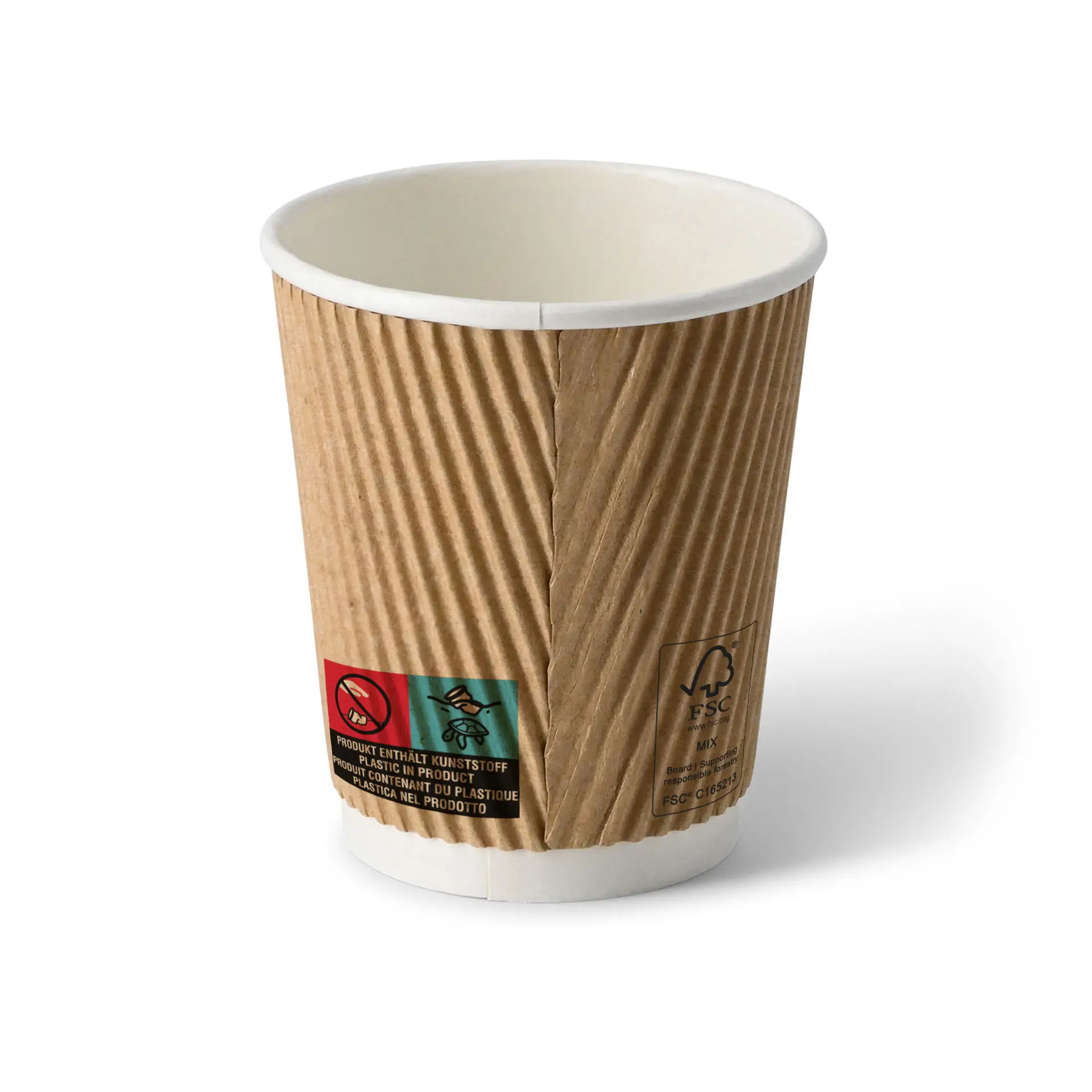 Une tasse à café brune à ondulations avec un intérieur blanc; comportant des étiquettes indiquant le contenu et les informations de recyclage.
