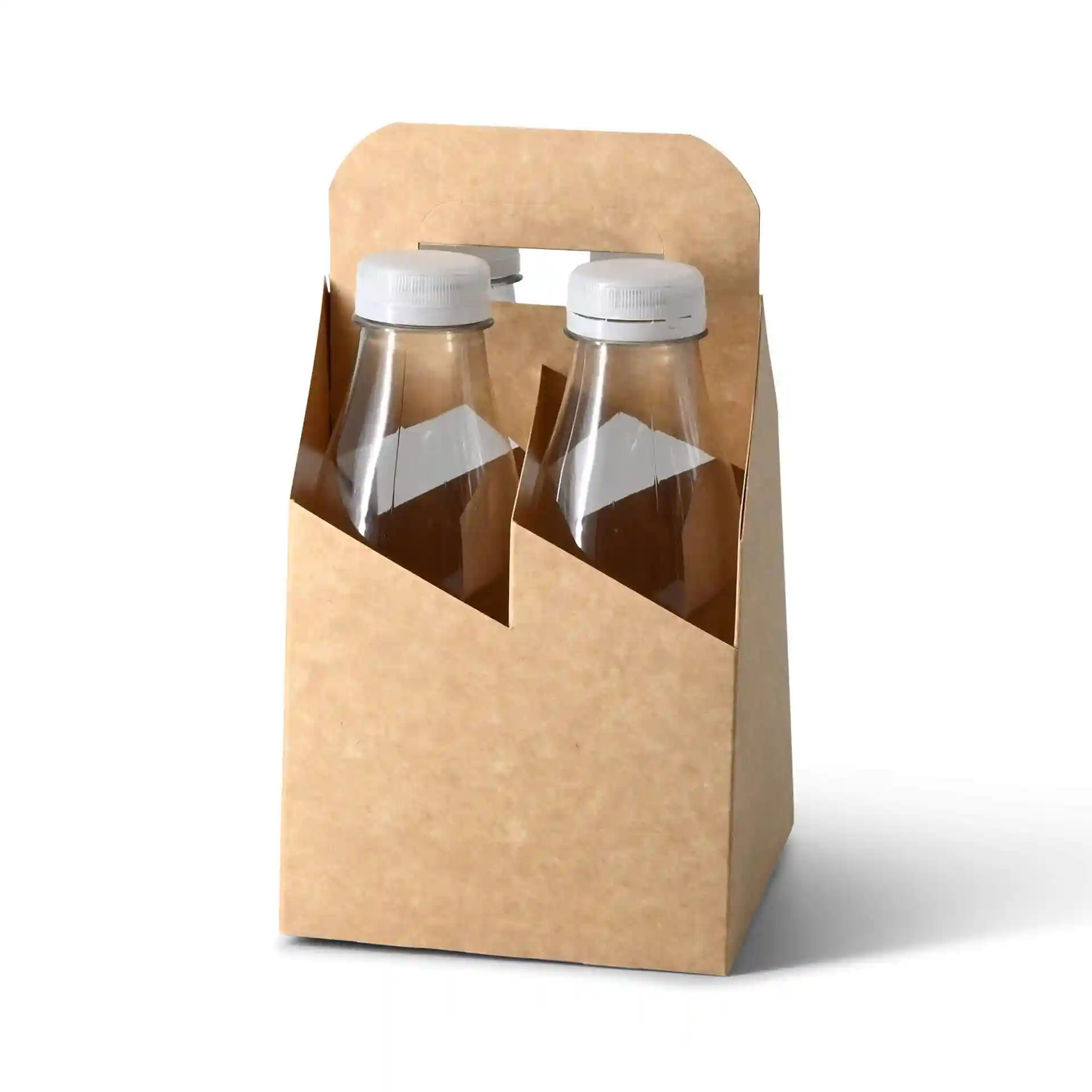 Porte-flacons en carton contenant deux bouteilles rPET transparentes avec des bouchons blancs, conçues pour une capacité de 500 ml chacune.