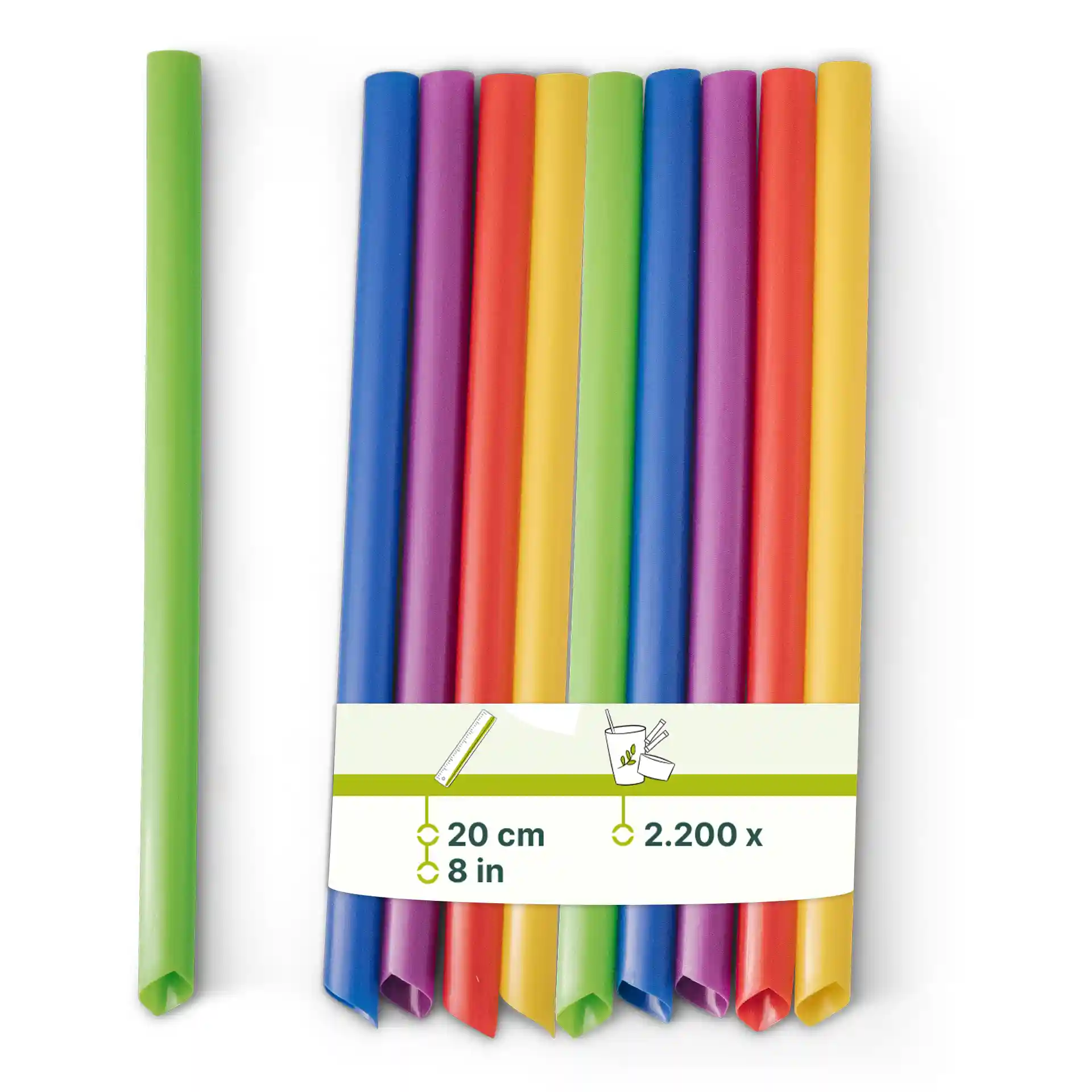Pailles à bubble tea réutilisables colorées, longues de 20 cm et d'un diamètre de 1,2 cm, disposées sur un fond blanc.