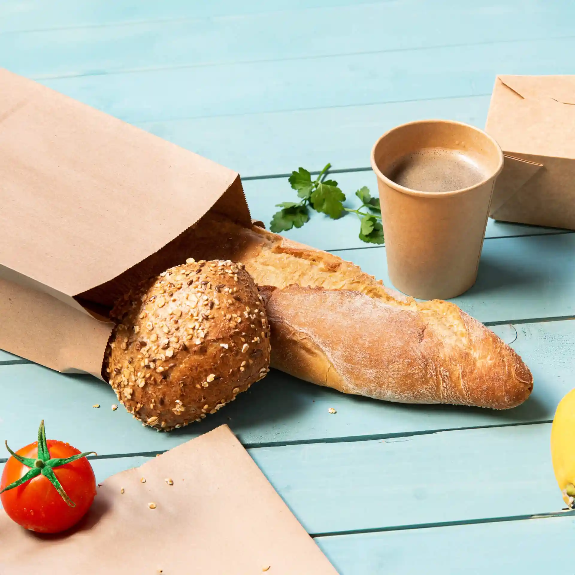 Sac en papier kraft marron contenant un pain, un petit pain au sésame, un gobelet, une tomate et une branche de coriandre sur une surface bleue.