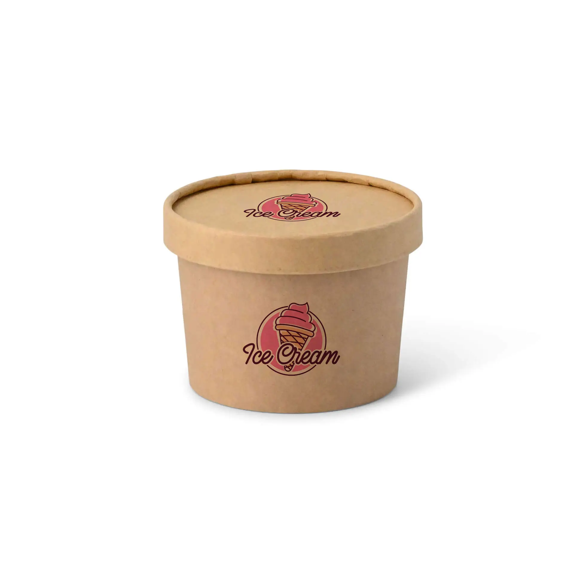 Gobelet en carton marron avec un couvercle imprimé portant un logo de glace, idéal pour la vente à emporter.