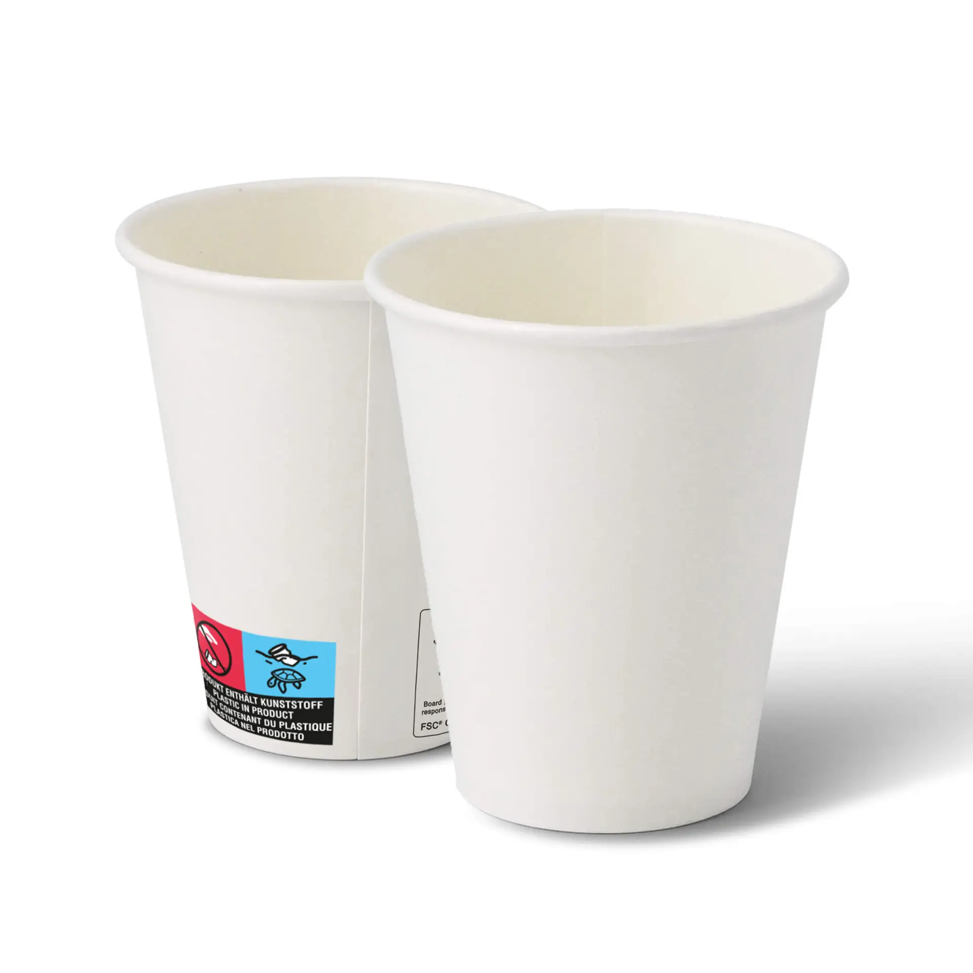 Deux gobelets en papier blancs de forme ronde, montrant l'intérieur et l'extérieur, sur un fond uni.