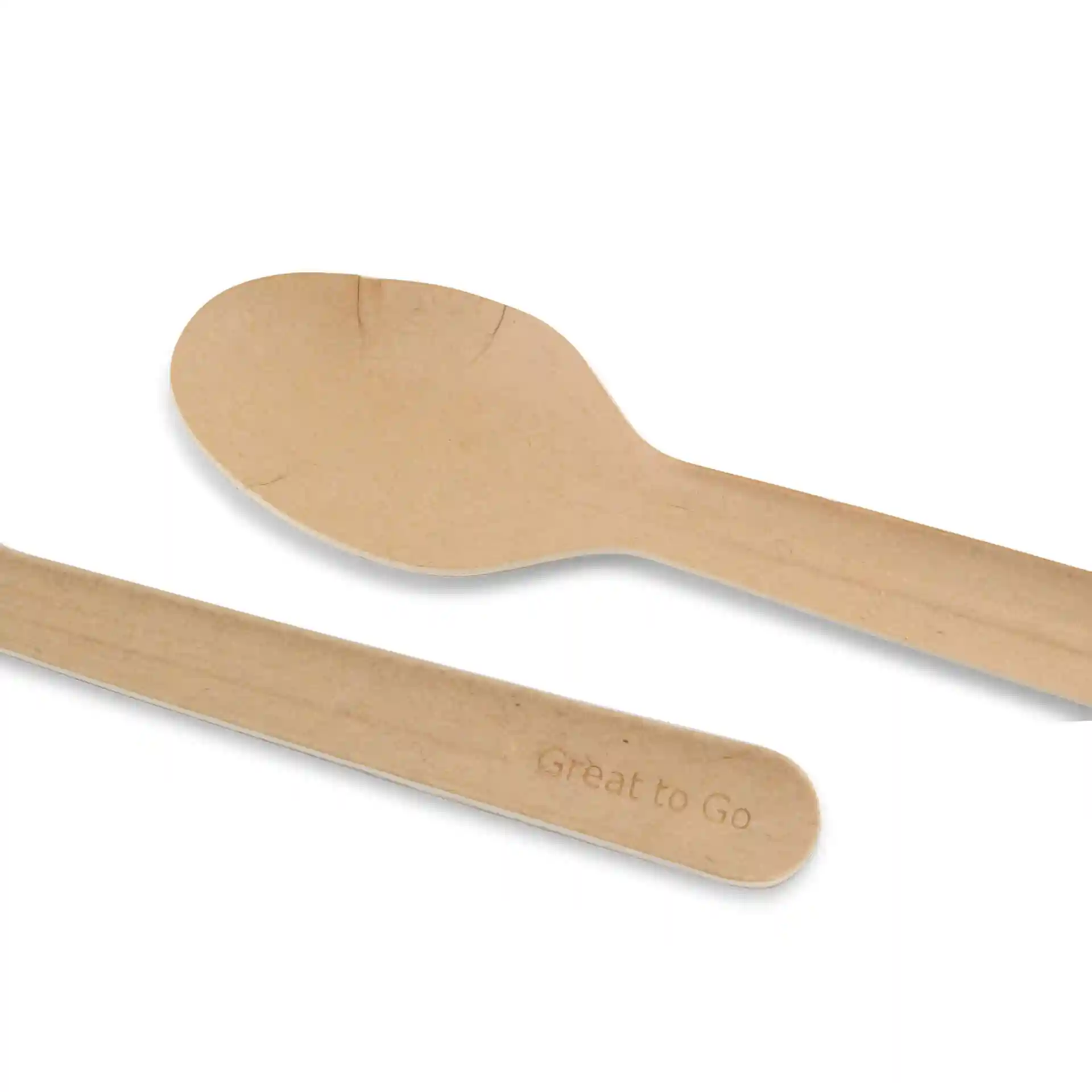 Cuillère en papier brun mesurant 16,5 cm, avec une surface lisse et une légère courbure à la pointe.