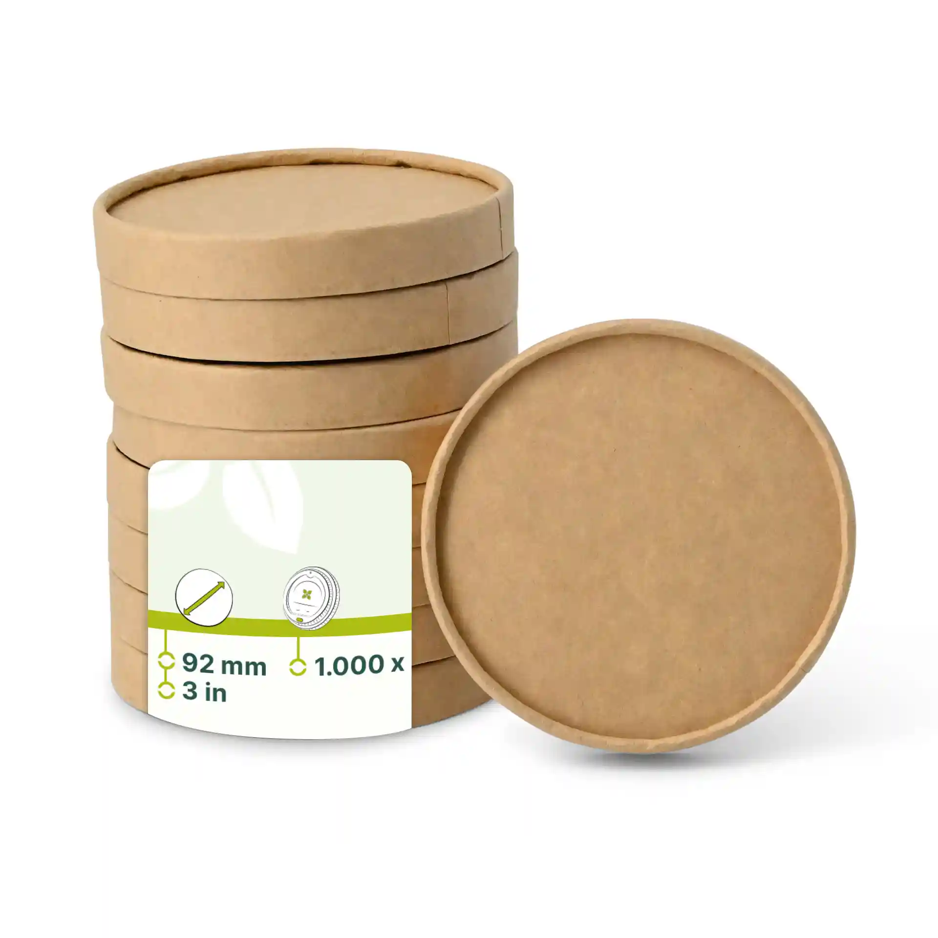 Couvercles en carton brun, forme ronde, diamètre 92 mm, avec une étiquette indiquant les détails du produit.