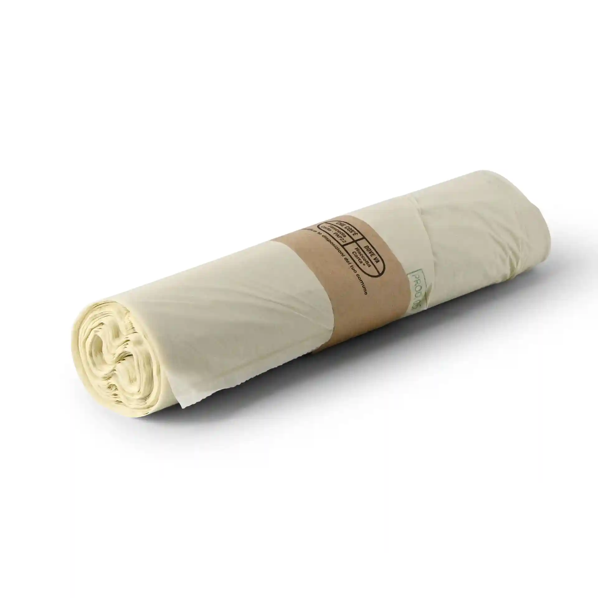Rouleau transparent de sacs poubelle bio en PLA, mesurant 70x70 cm, avec un bandeau en papier brun.