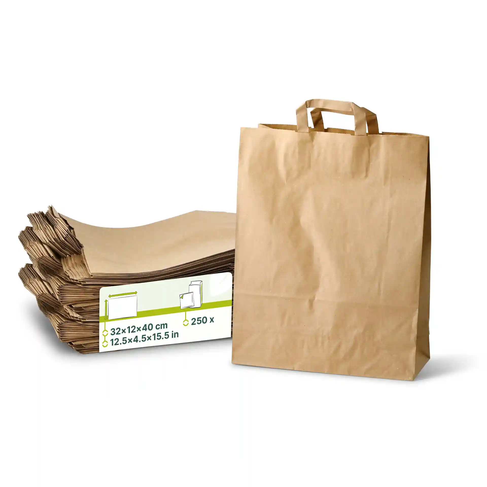 Sac en papier kraft marron avec poignées, dimensions 32 x 12 x 40 cm, à côté d'une pile de sacs similaires.