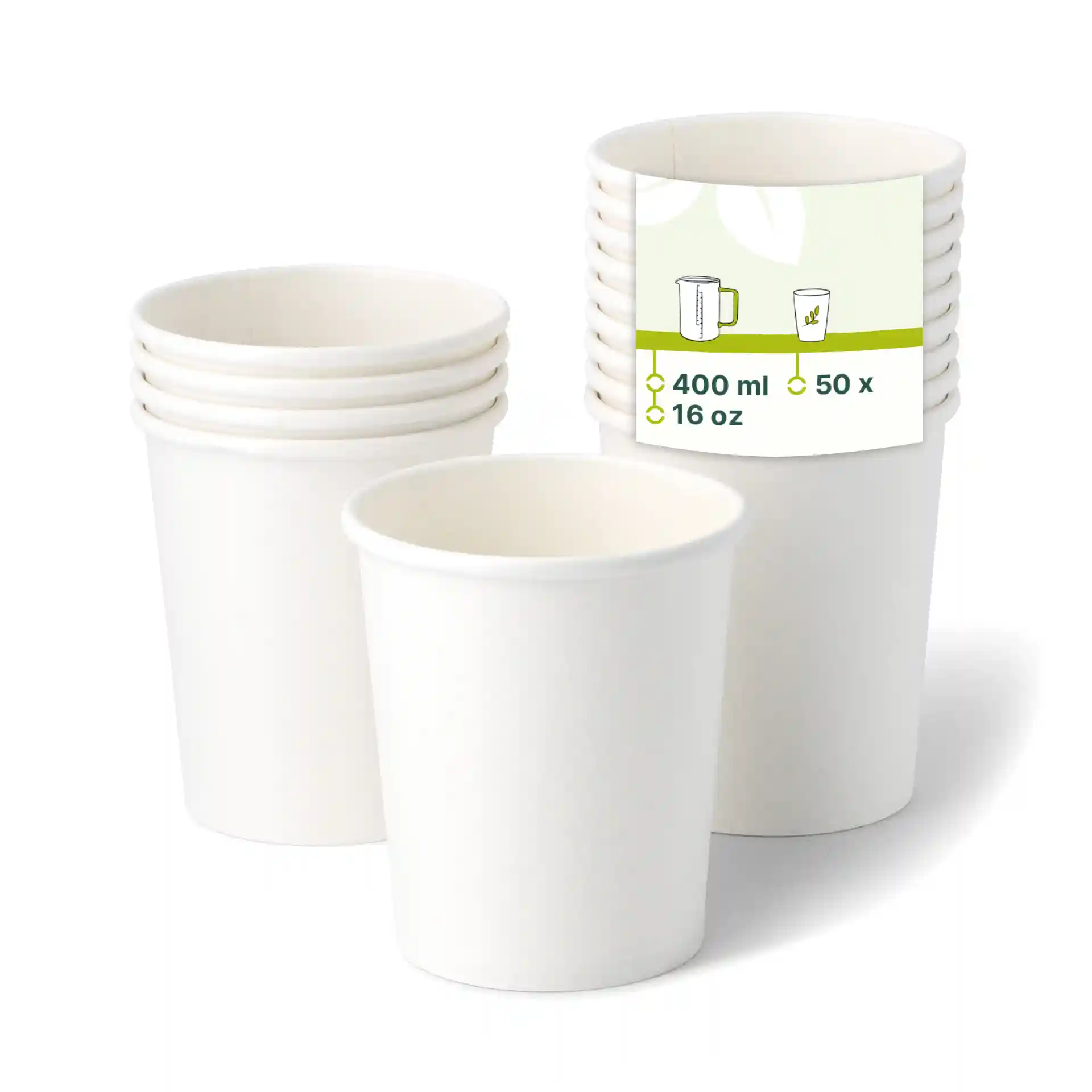 Empilement de gobelets en papier blancs avec une étiquette indiquant une capacité de 400 ml et une quantité de 50 gobelets.