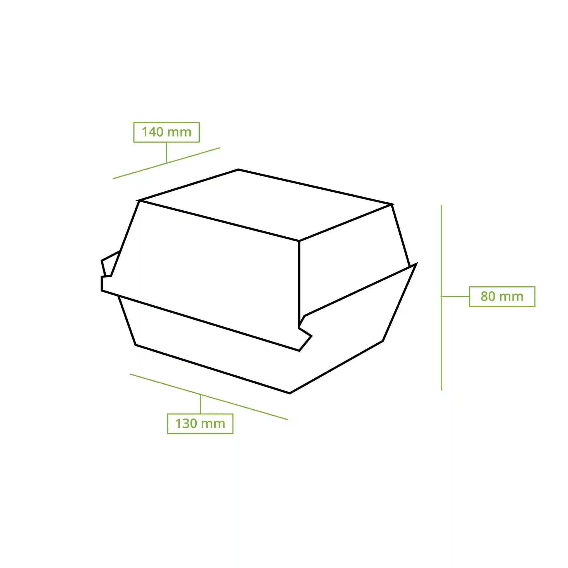 Dessin schématique d'une boîte à burger avec des dimensions de 130 mm de longueur, 140 mm de largeur et 80 mm de hauteur.