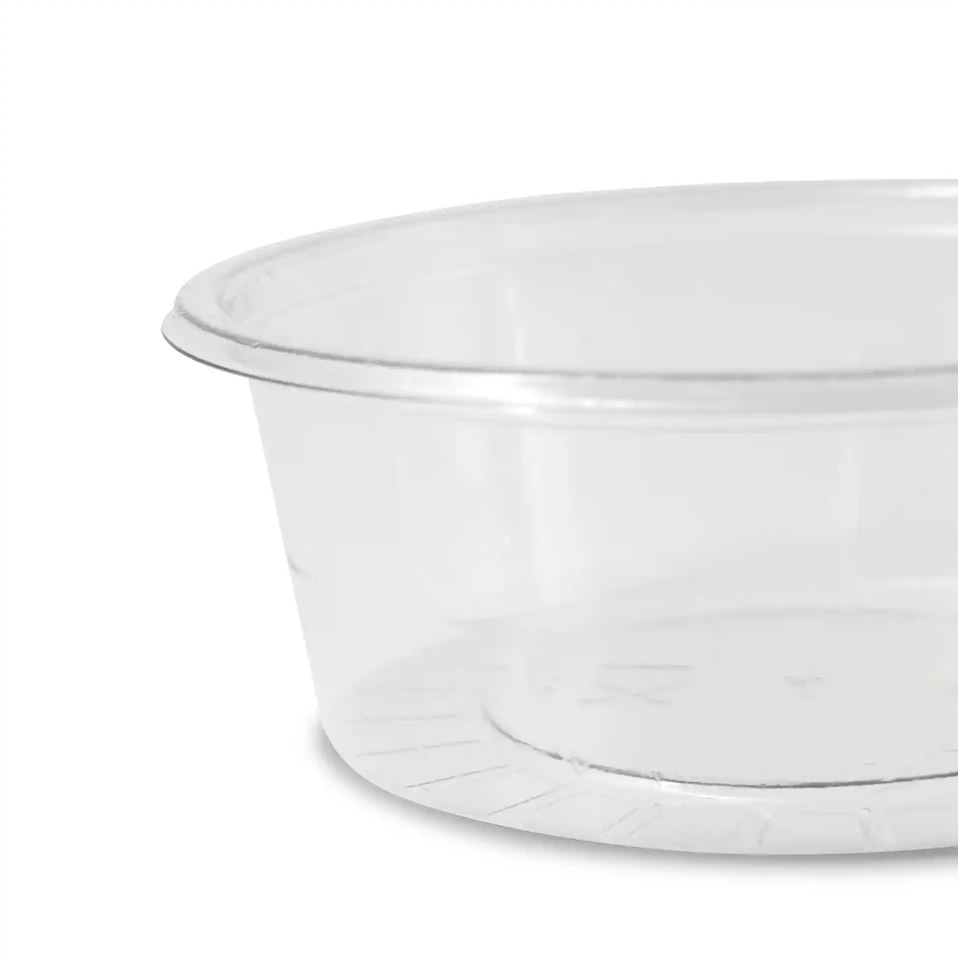Pot à dip en rPET transparent de 75 mm de diamètre et 26 mm de hauteur, vu de côté.