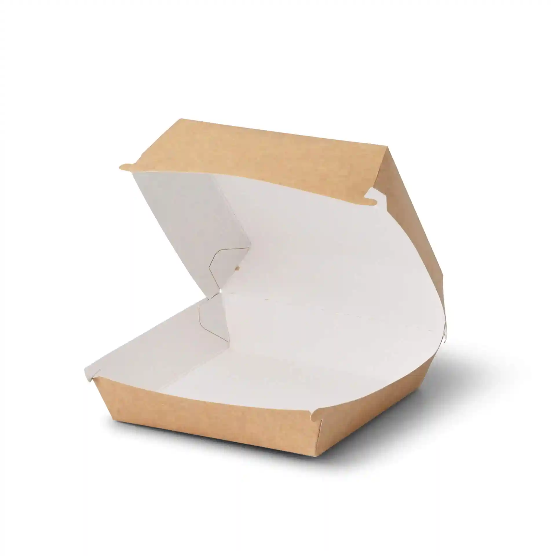 Boîte à burger à emporter en carton brun, de forme carrée, ouverte et montrant l'intérieur. Dimensions : 14,5 x 14,5 x 8 cm.