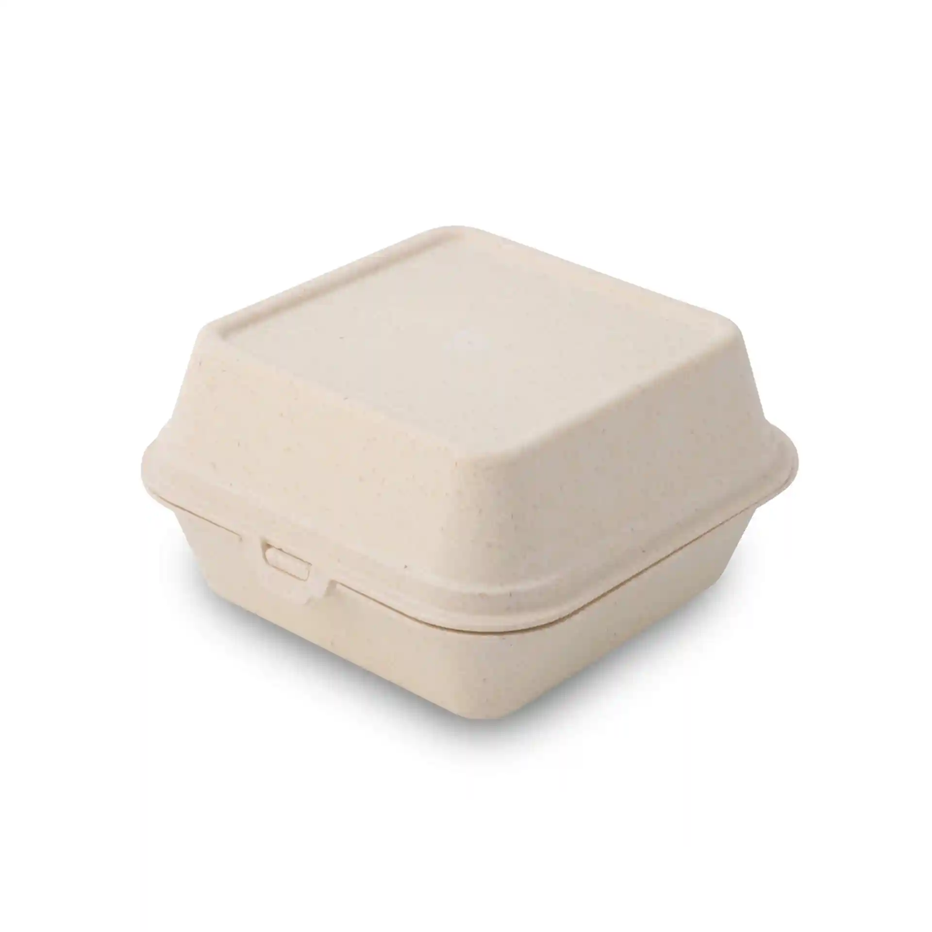 Boîte à burger réutilisable blanche crémeuse, forme carrée, couvercle articulé, dimensions 16 x 15 x 8,5 cm.