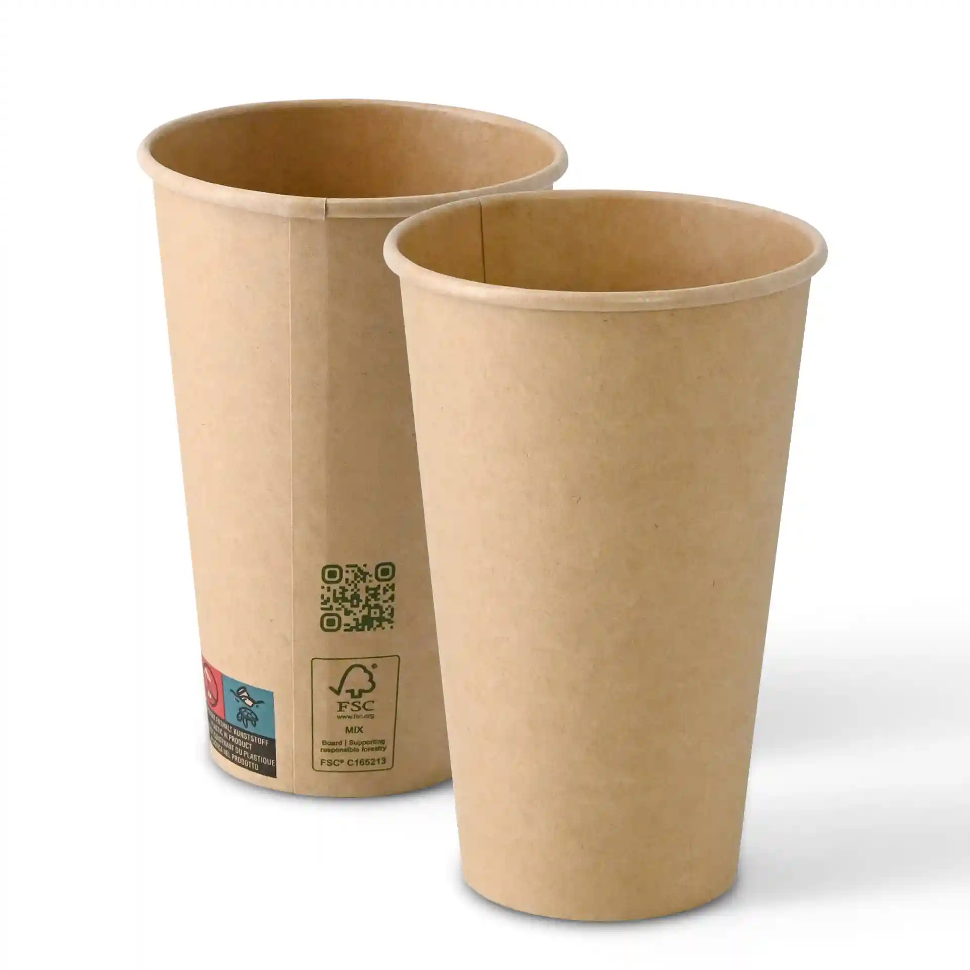 Gobelet en papier brun à paroi simple, capacité de 400 ml et diamètre de 90 mm, présenté sous deux angles.