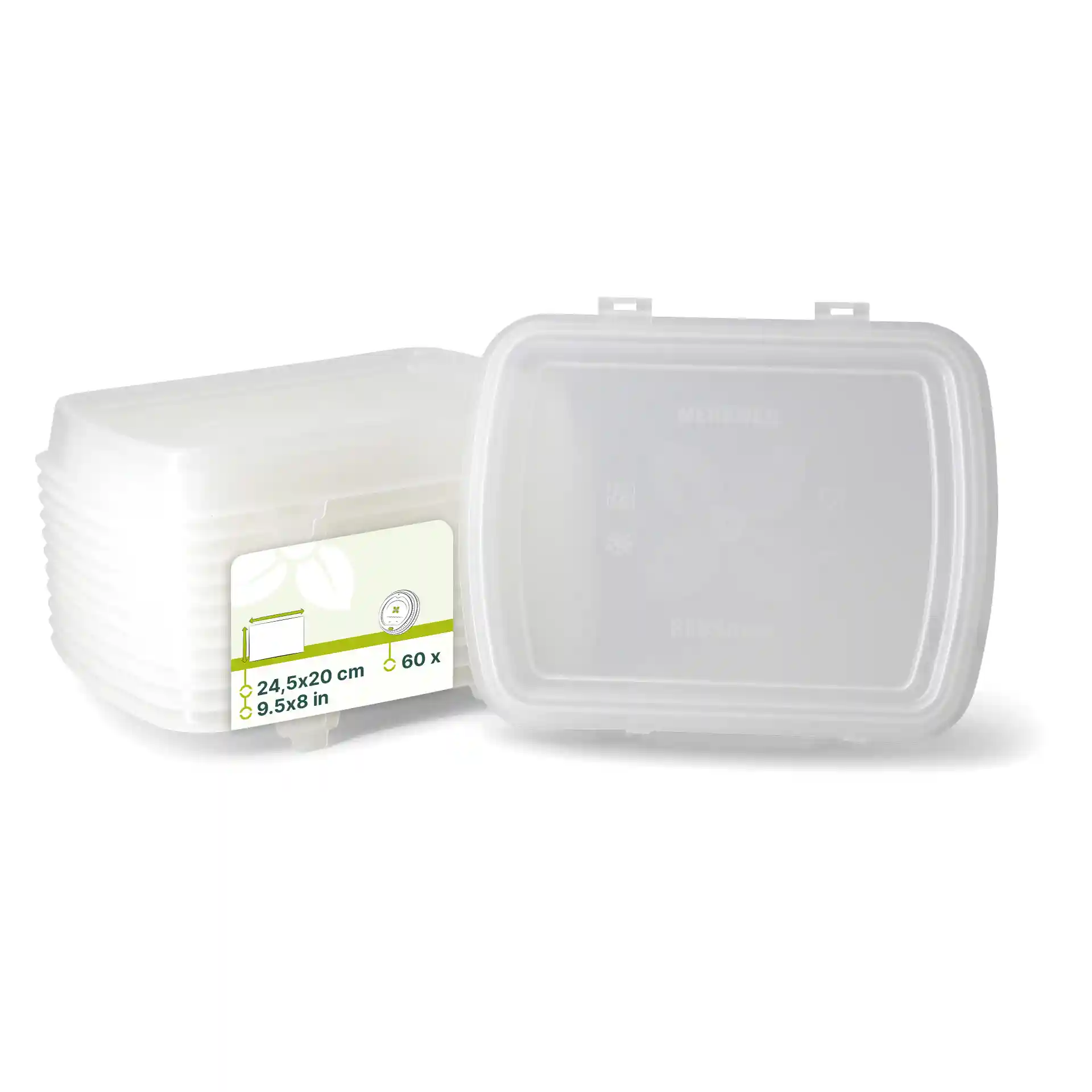 Conteneur réutilisable transparent avec étiquette, dimensions 24,5 x 20 x 4,5 cm, empilé avec plusieurs conteneurs similaires.