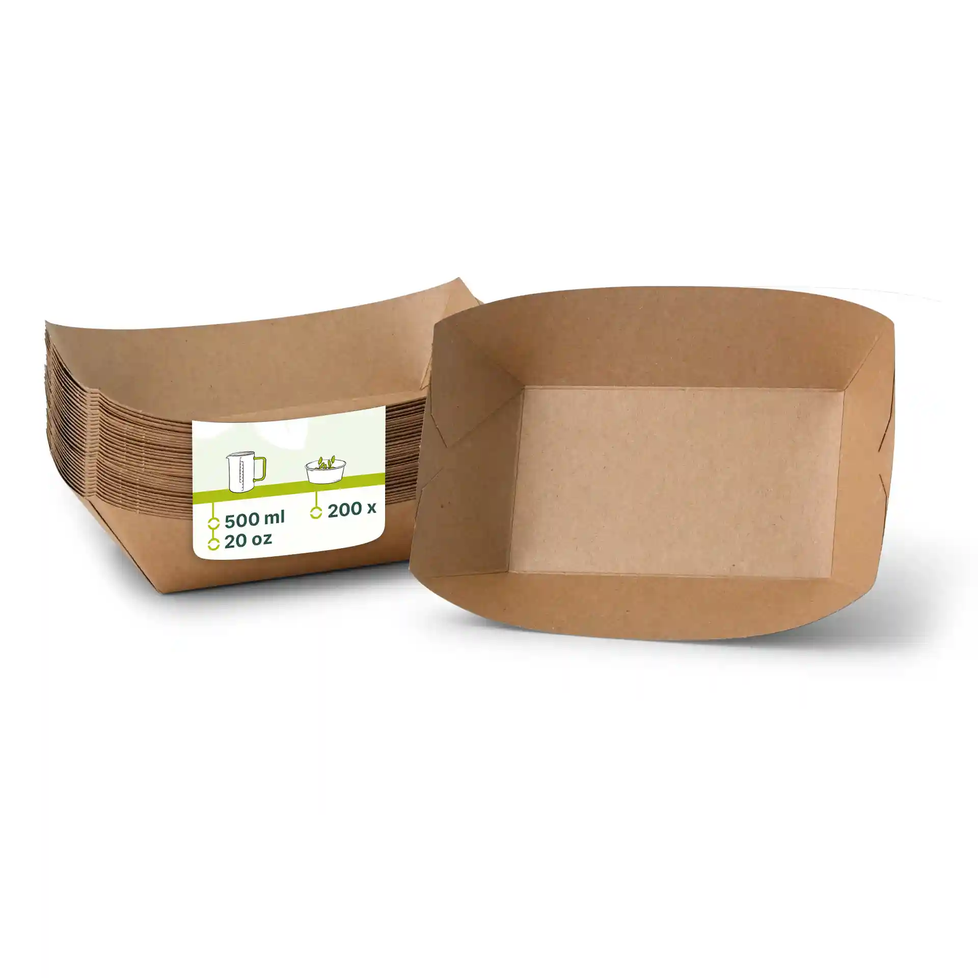 Plateau alimentaire en carton rectangulaire marron d'une capacité de 500 ml, présenté avec une étiquette et plusieurs plateaux empilés.