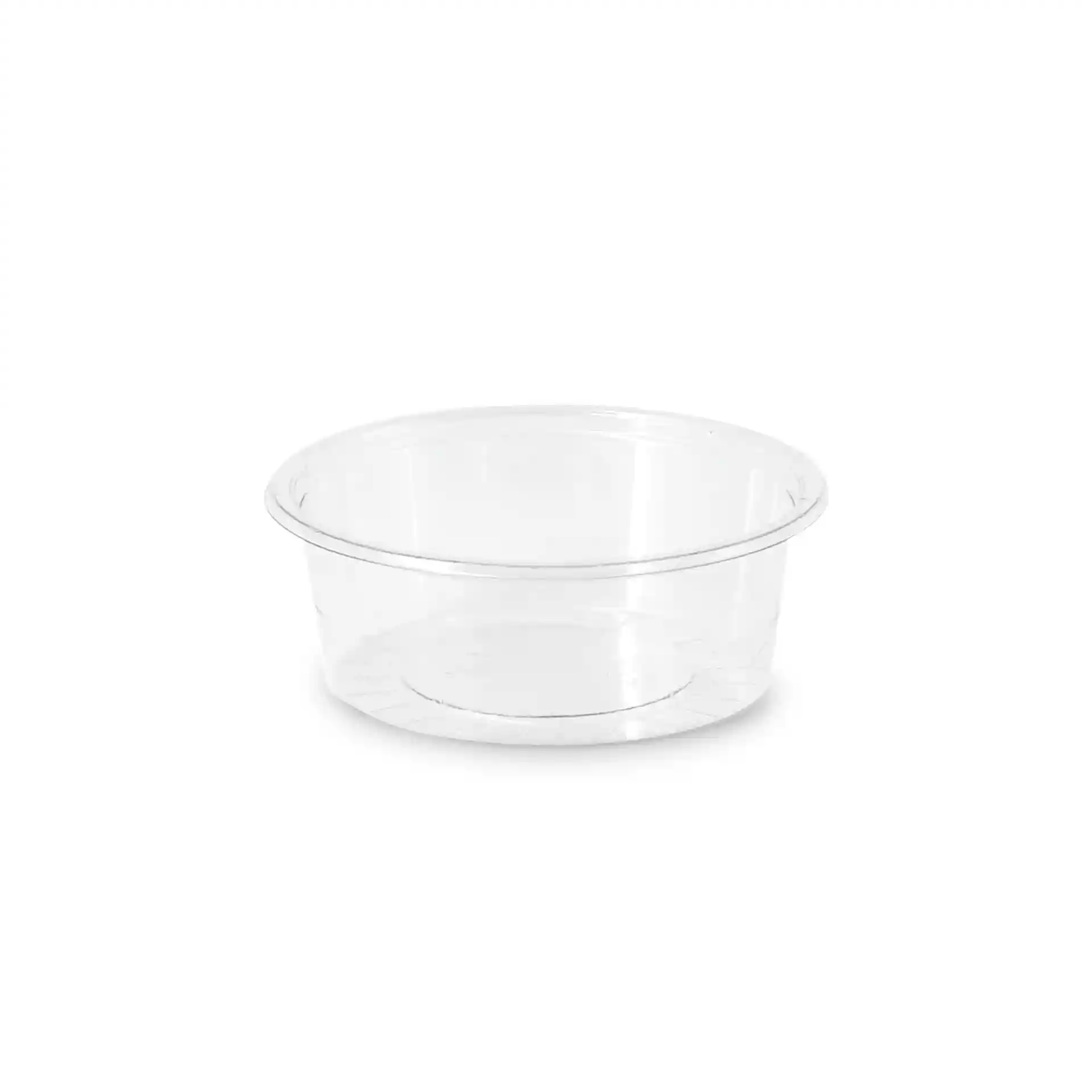 Pot à dip rond transparent de 75 mm de diamètre et 26 mm de hauteur, fabriqué en matériau rPET.