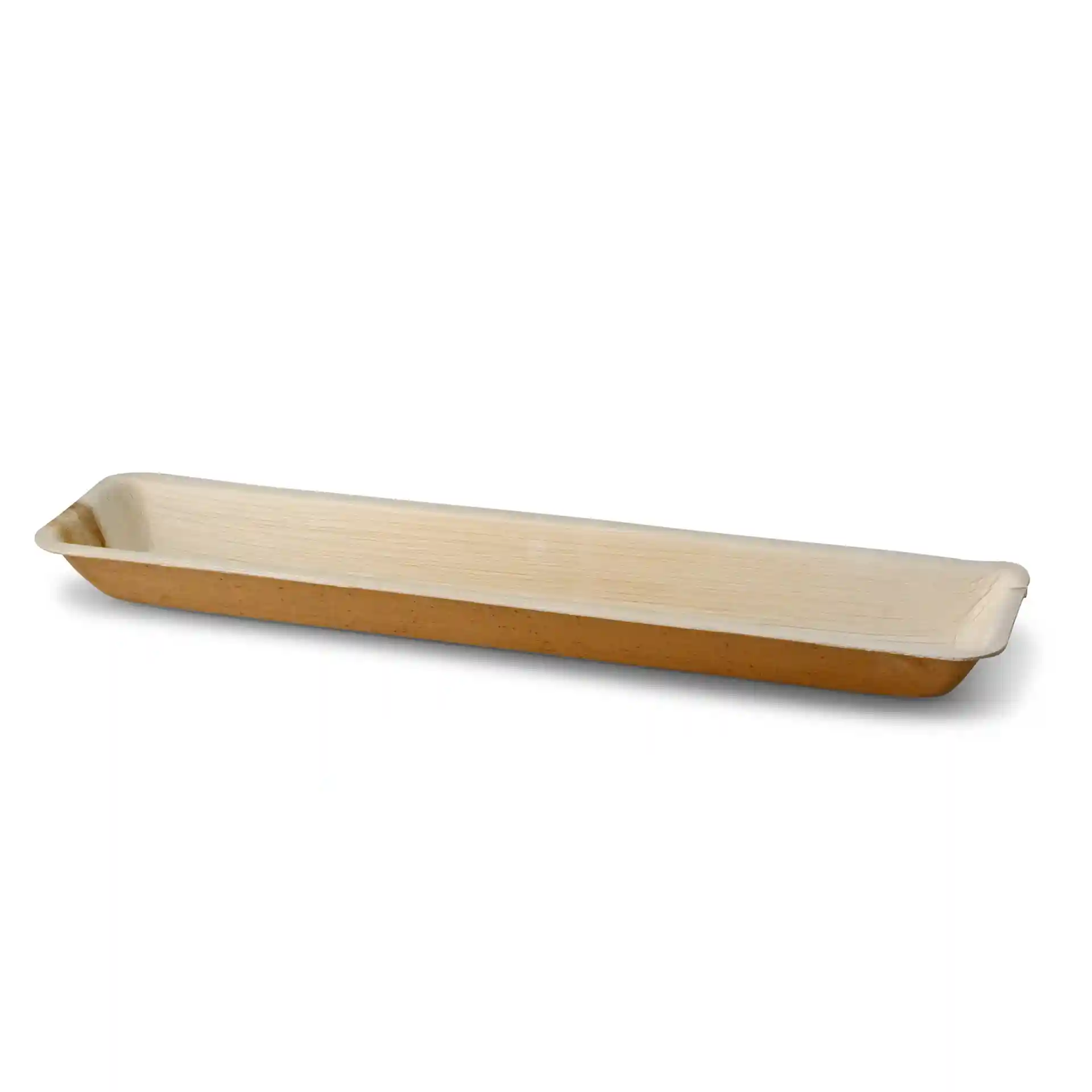 Plateau rectangulaire en feuille de palmier de couleur bois, mesurant 38 x 8,5 cm et 3 cm de hauteur.