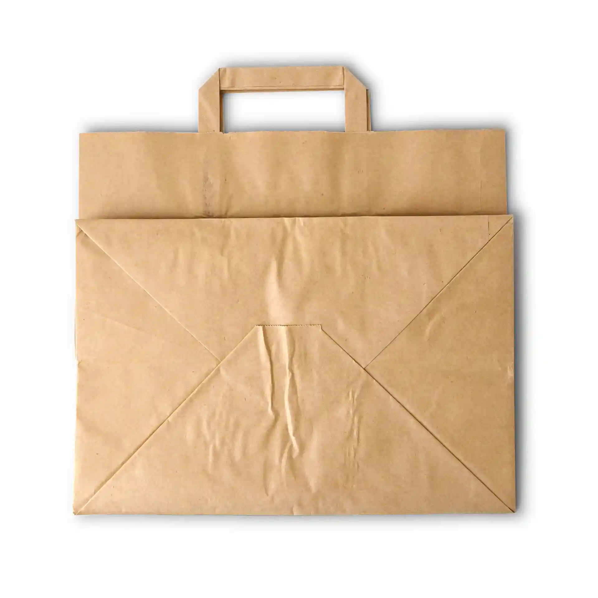 Sac en papier kraft marron avec poignée, au design plié et sans revêtement.