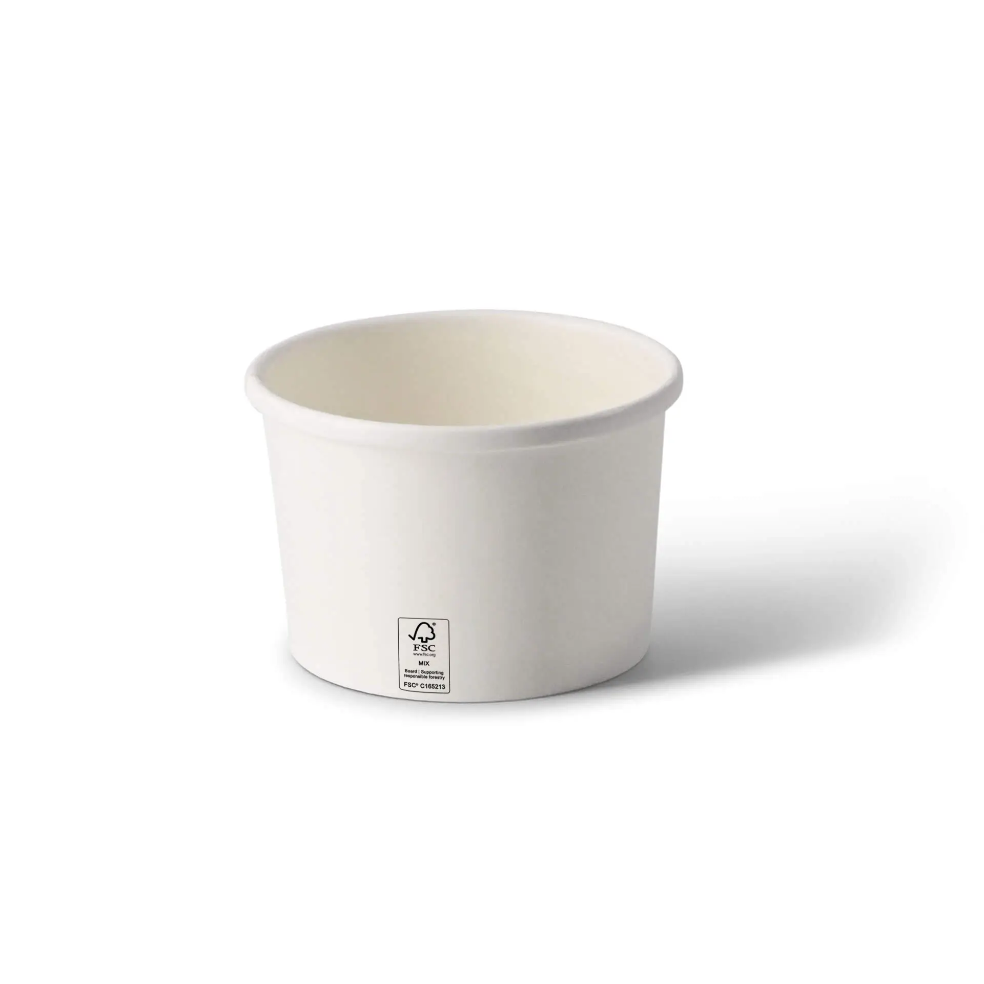 Conteneur à soupe en carton blanc, forme ronde, capacité de 8 oz, avec une étiquette visible au fond.