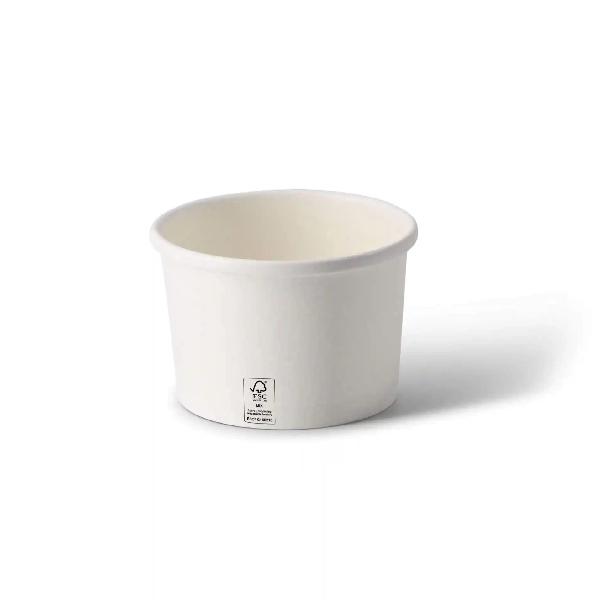 Conteneur à soupe en carton blanc, forme ronde, capacité de 8 oz, avec une étiquette visible au fond.