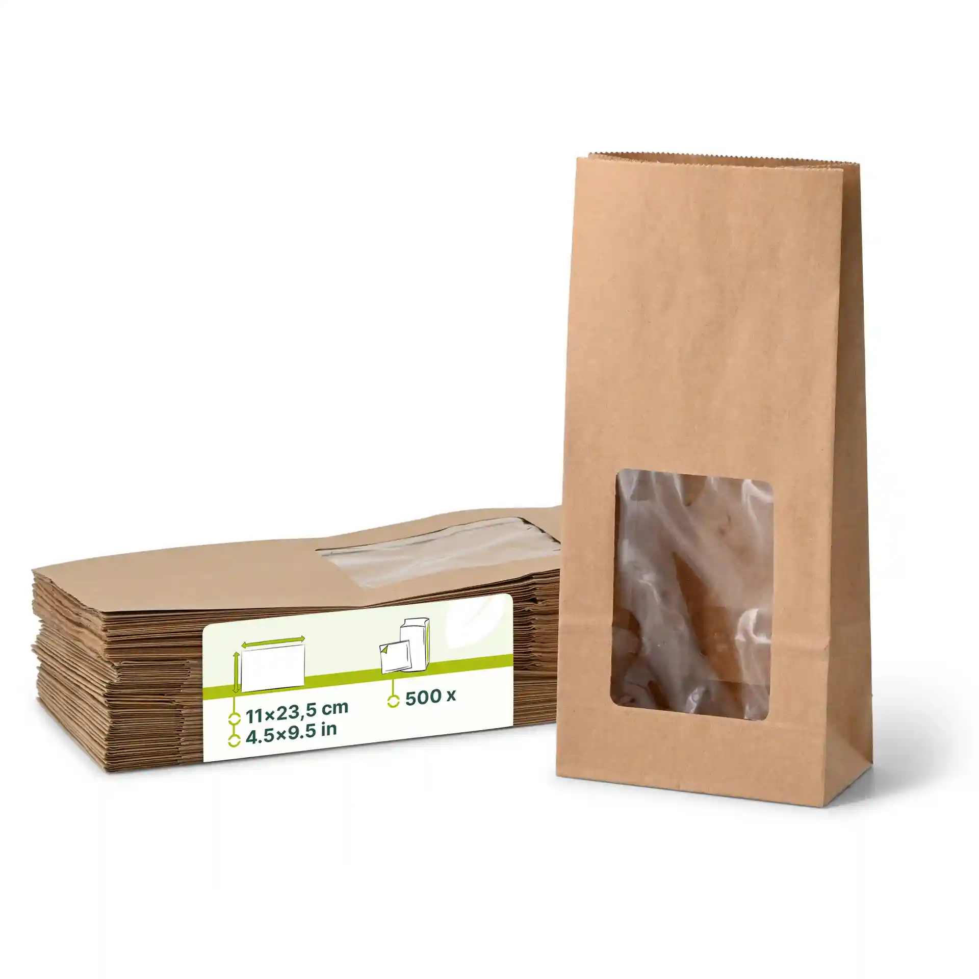 Sac en papier kraft brun avec fond plat et fenêtre en PLA, dimensions 11 x 6 x 23,5 cm, empilé avec une étiquette visible.