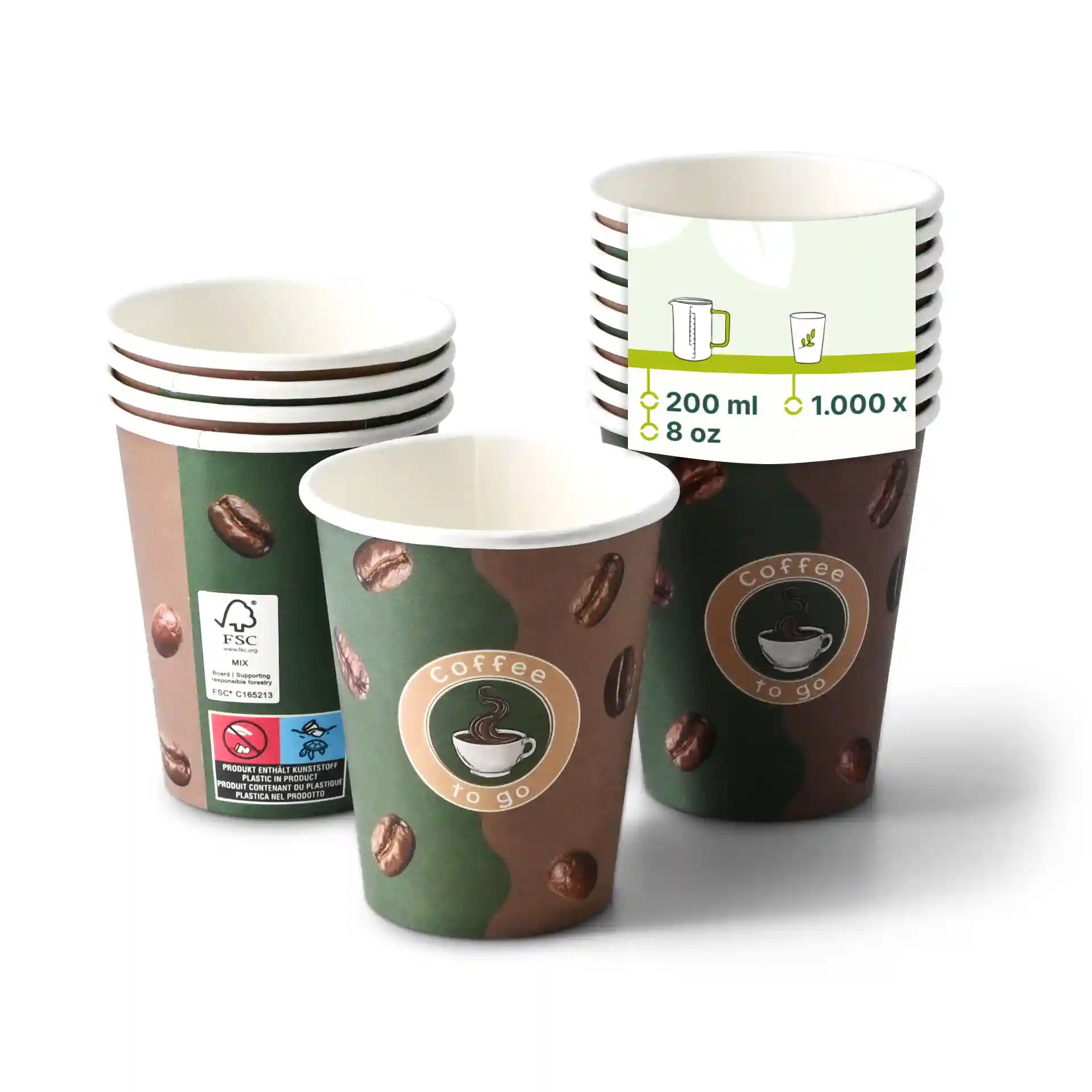 Gobelet en papier rond avec design de café imprimé, capacité de 8 oz, empilé avec plusieurs gobelets similaires derrière.