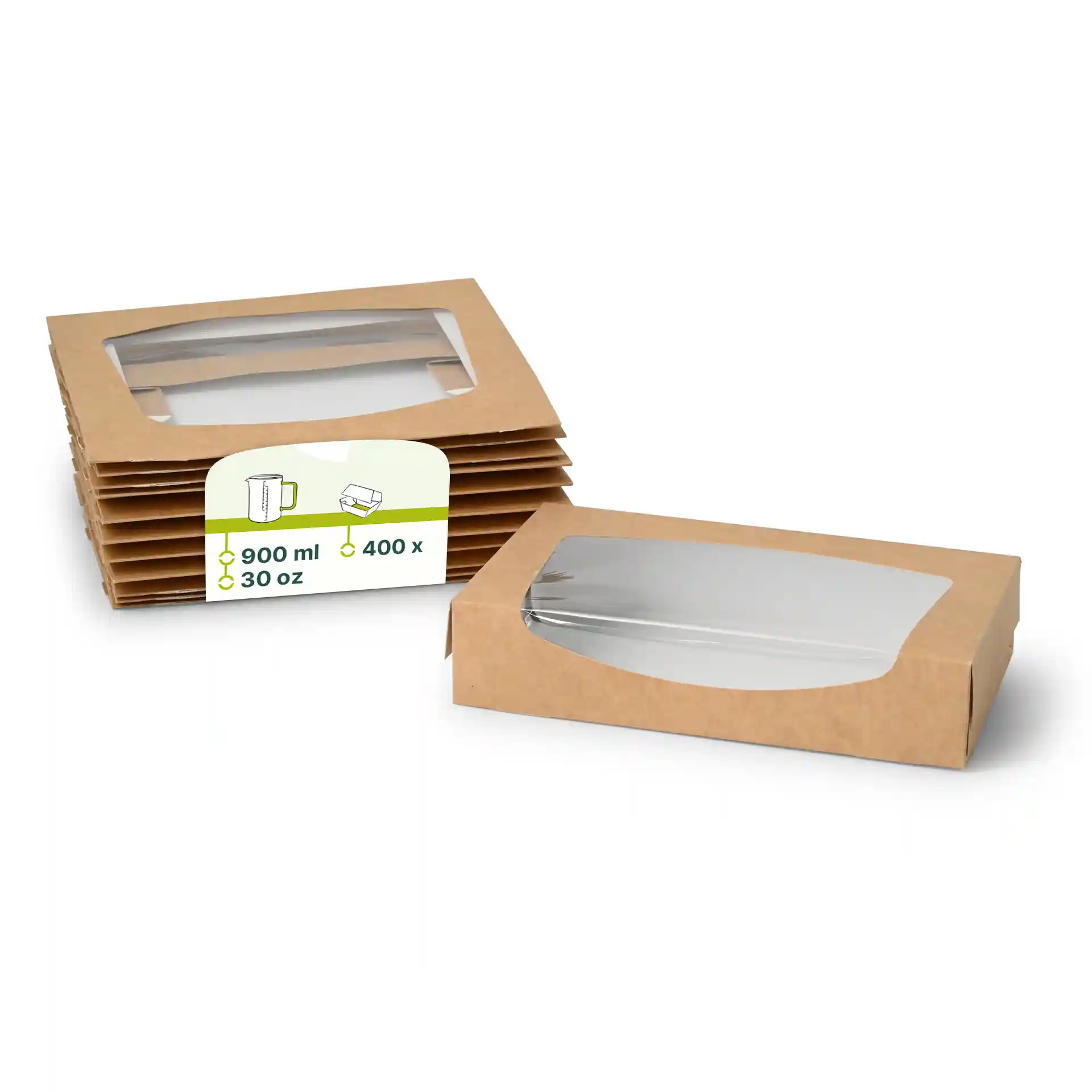 Boîtes en carton marron avec fenêtre en cellulose, forme rectangulaire, mesurant 20 x 12 x 4 cm.