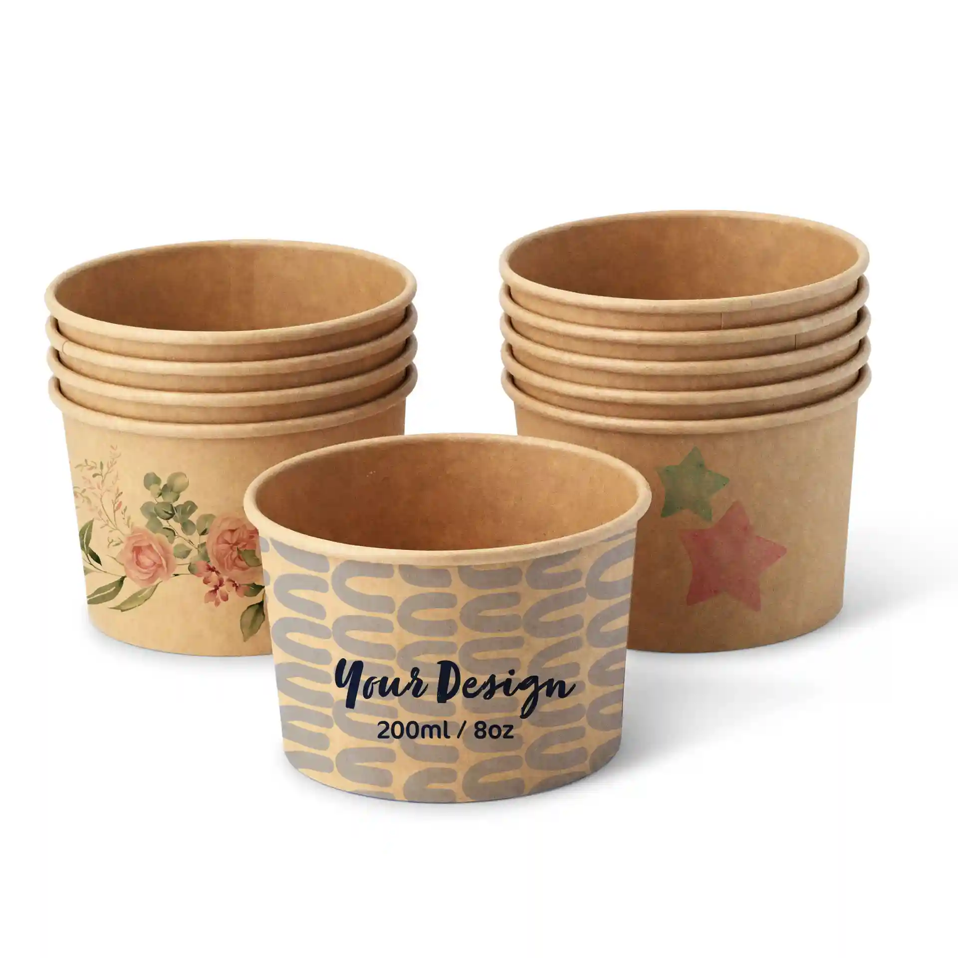 Coupes de glace rondes brunes avec des motifs floraux et étoilés, une coupe affichant un design personnalisé, capacité de 200 ml.