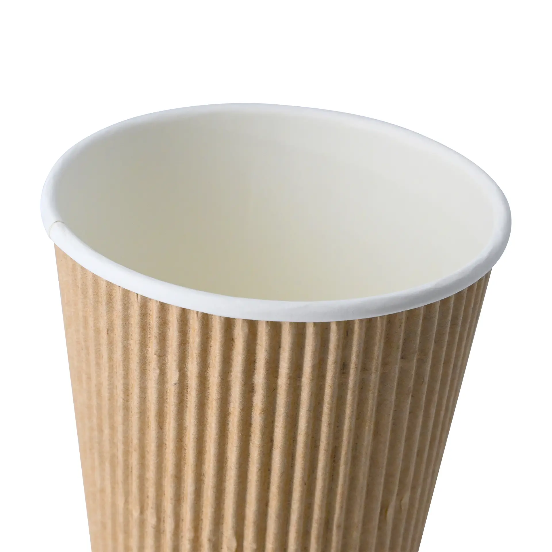 Une tasse à café ribbed de 12 oz avec une couche extérieure marron et un intérieur blanc, conçue pour les boissons chaudes.