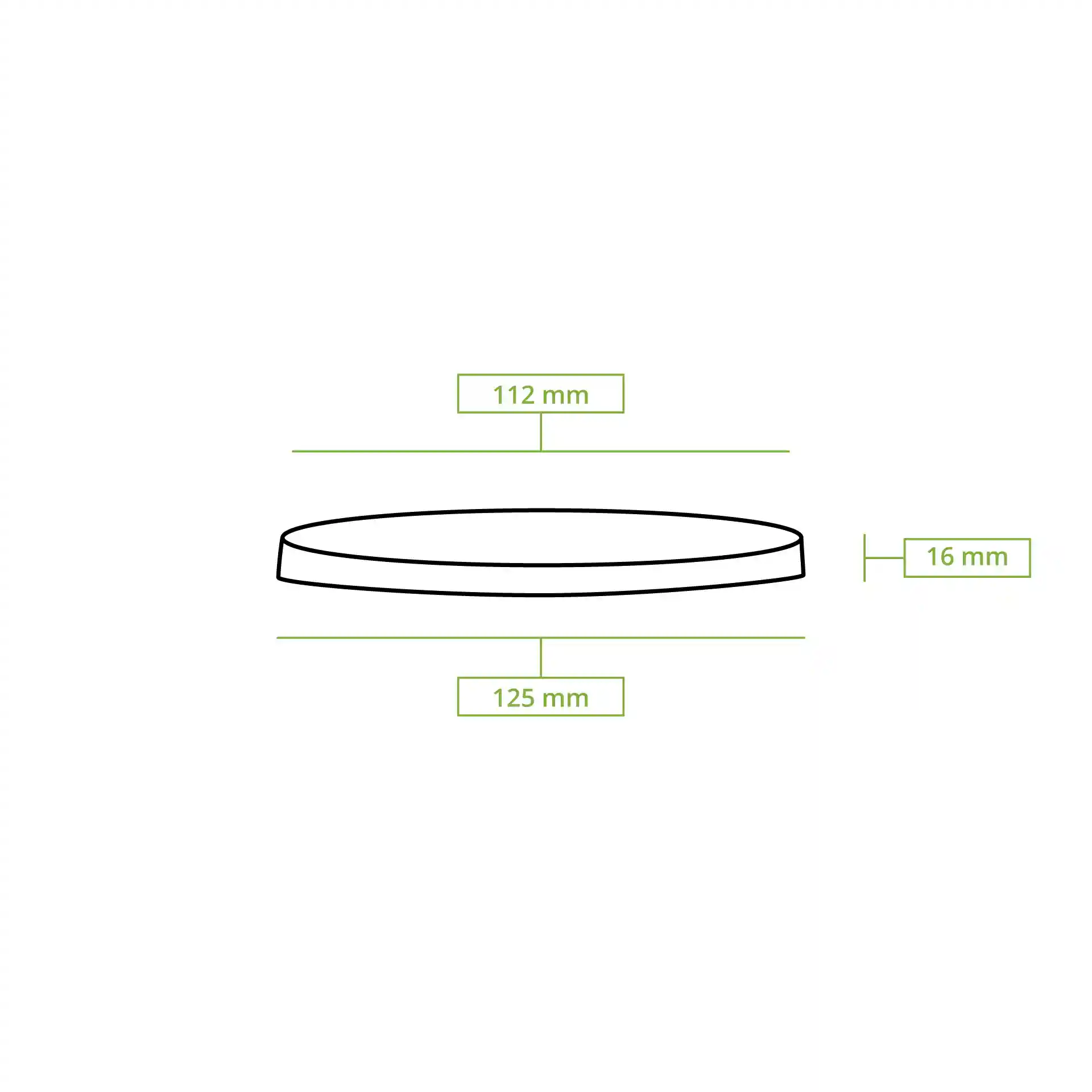 Dessin schématique d'un couvercle rond avec dimensions : diamètre supérieur 112 mm, diamètre inférieur 125 mm, hauteur 16 mm.