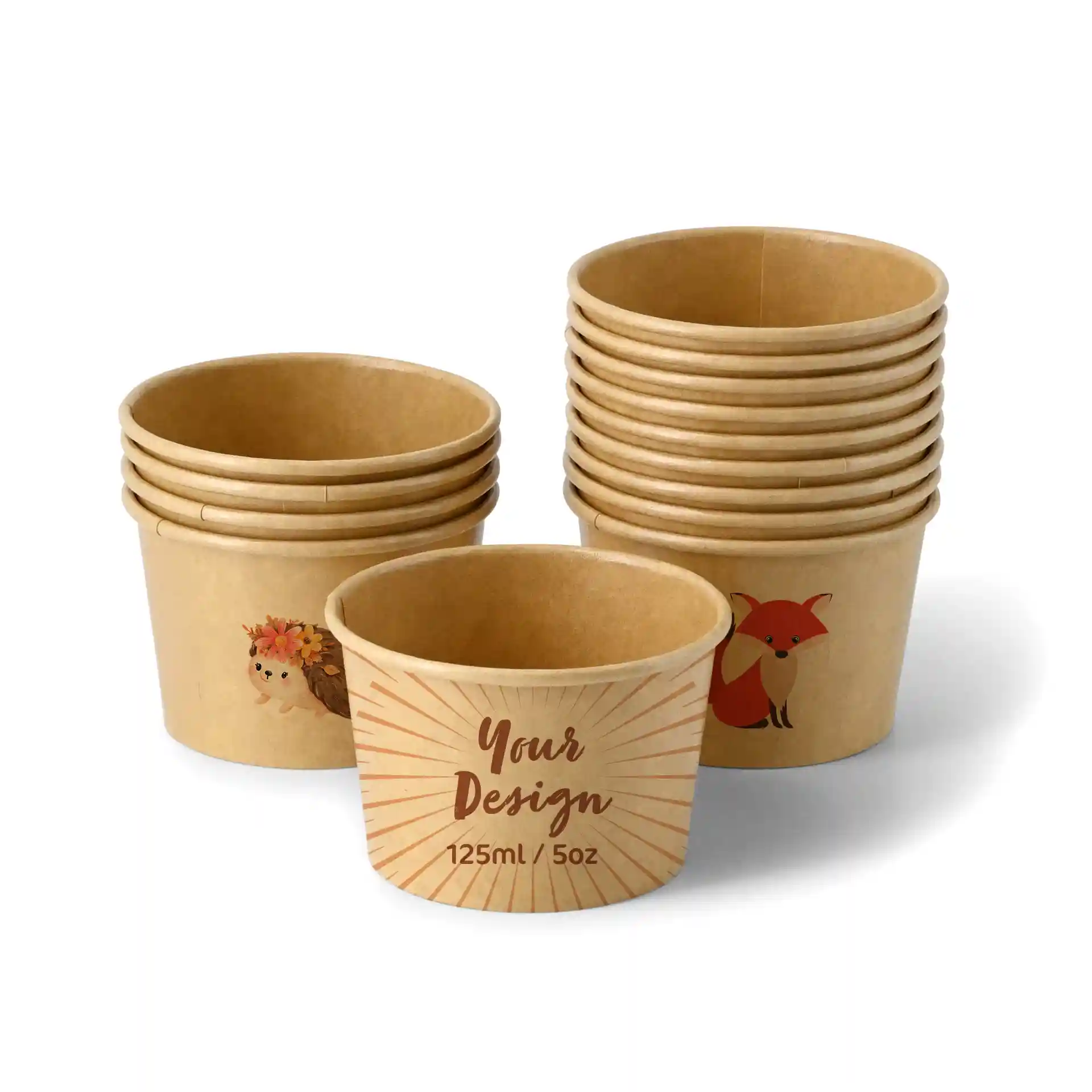 Gobelets en carton marron ronds avec un design de hérisson et de renard, étiquetés "Votre Design" et d'un volume de 125 ml.