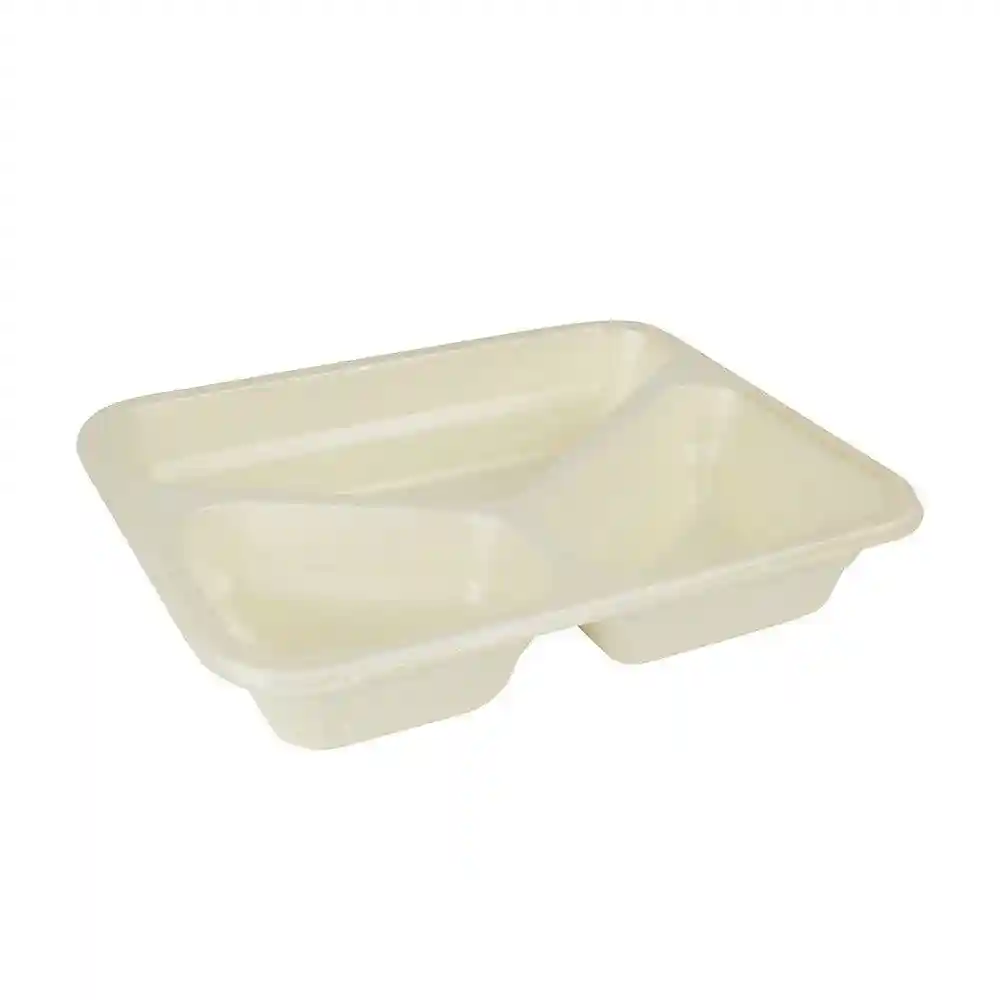 Plateau rectangulaire en cellulose avec trois compartiments, couleur non blanchie, mesurant 25 x 17,7 x 4,5 cm.
