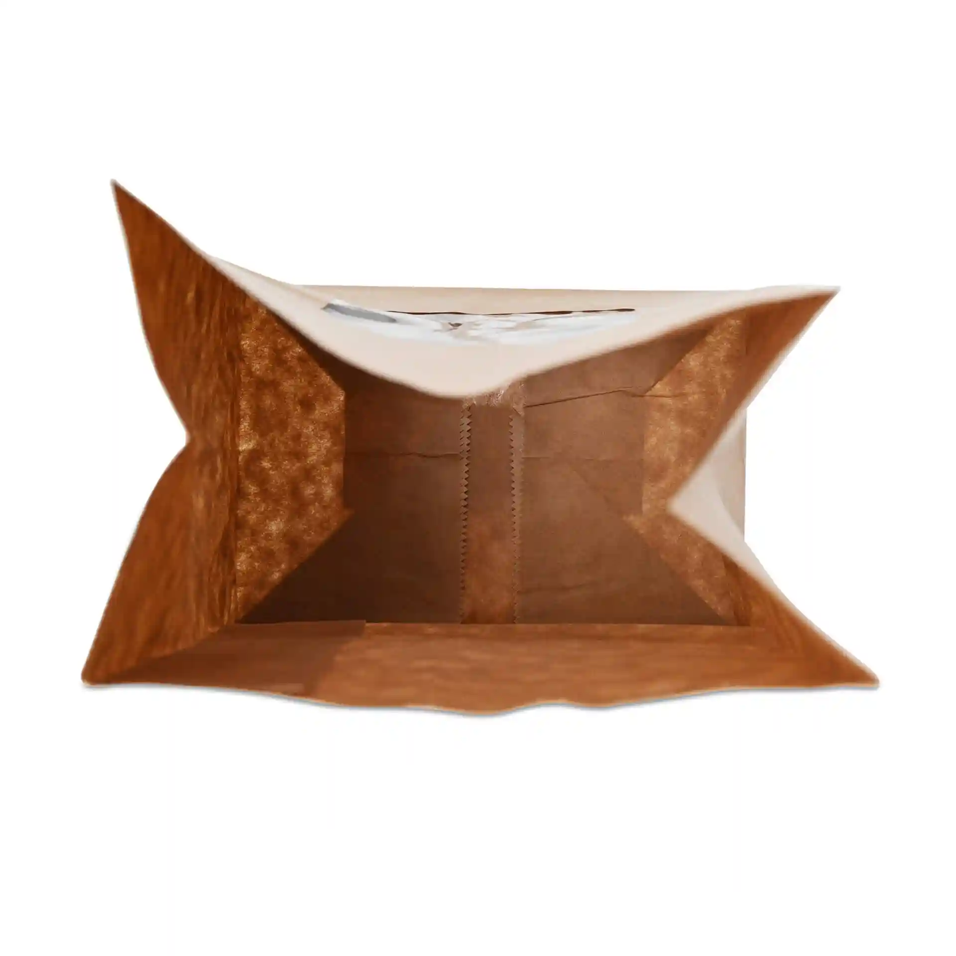 Sac en papier kraft marron avec fond plat et fenêtre en PLA, vu de dessus, montrant l'espace intérieur.
