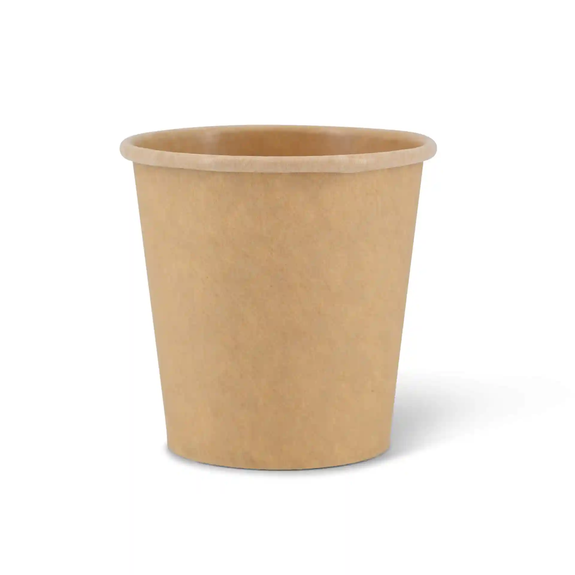 Gobelet en papier brun de 60 mm de hauteur et 62 mm de diamètre, conçu pour une capacité de 75 ml.