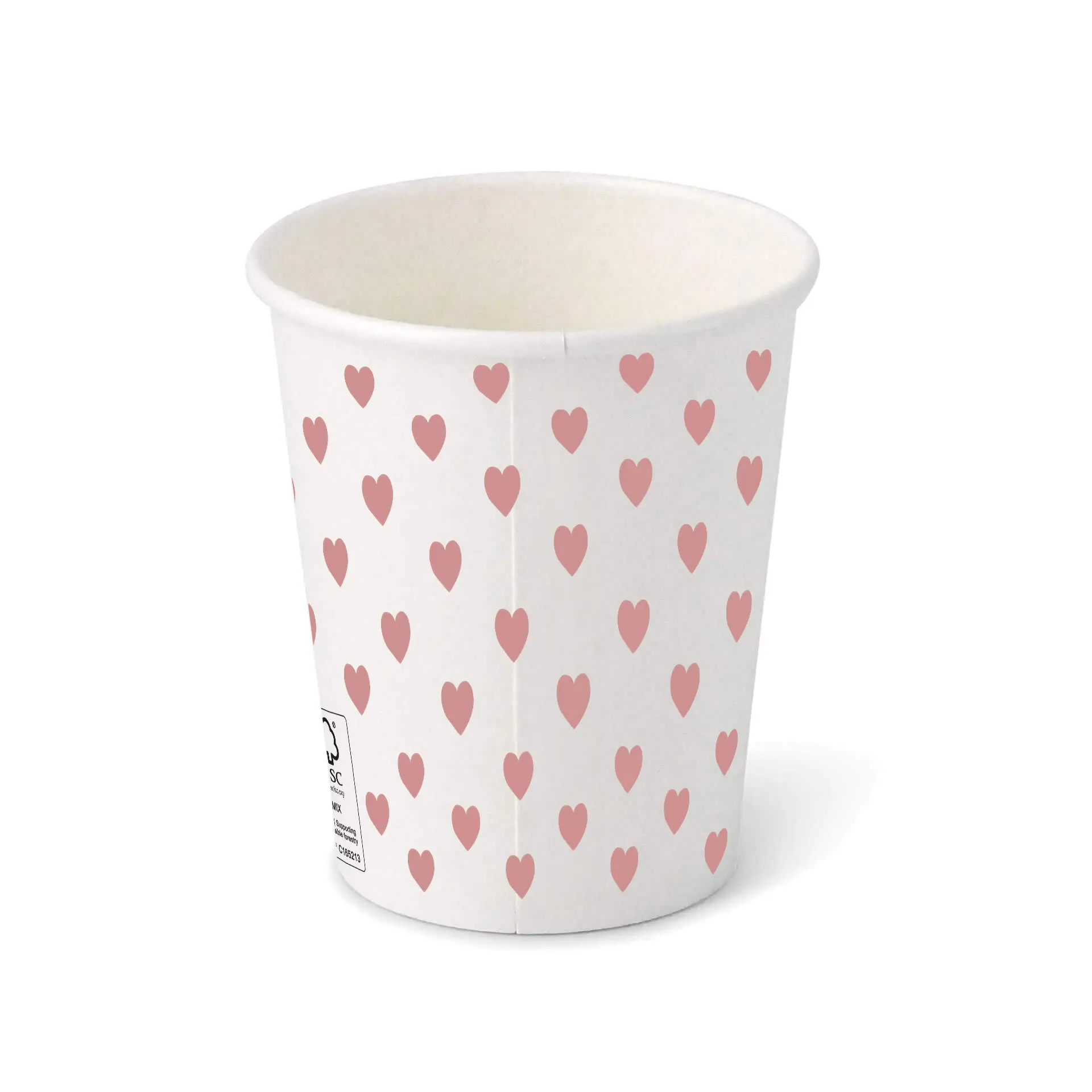 Gobelet en papier imprimé "Hearts" (revêtu) 200 ml / 8 oz, Ø 80 mm, blanc