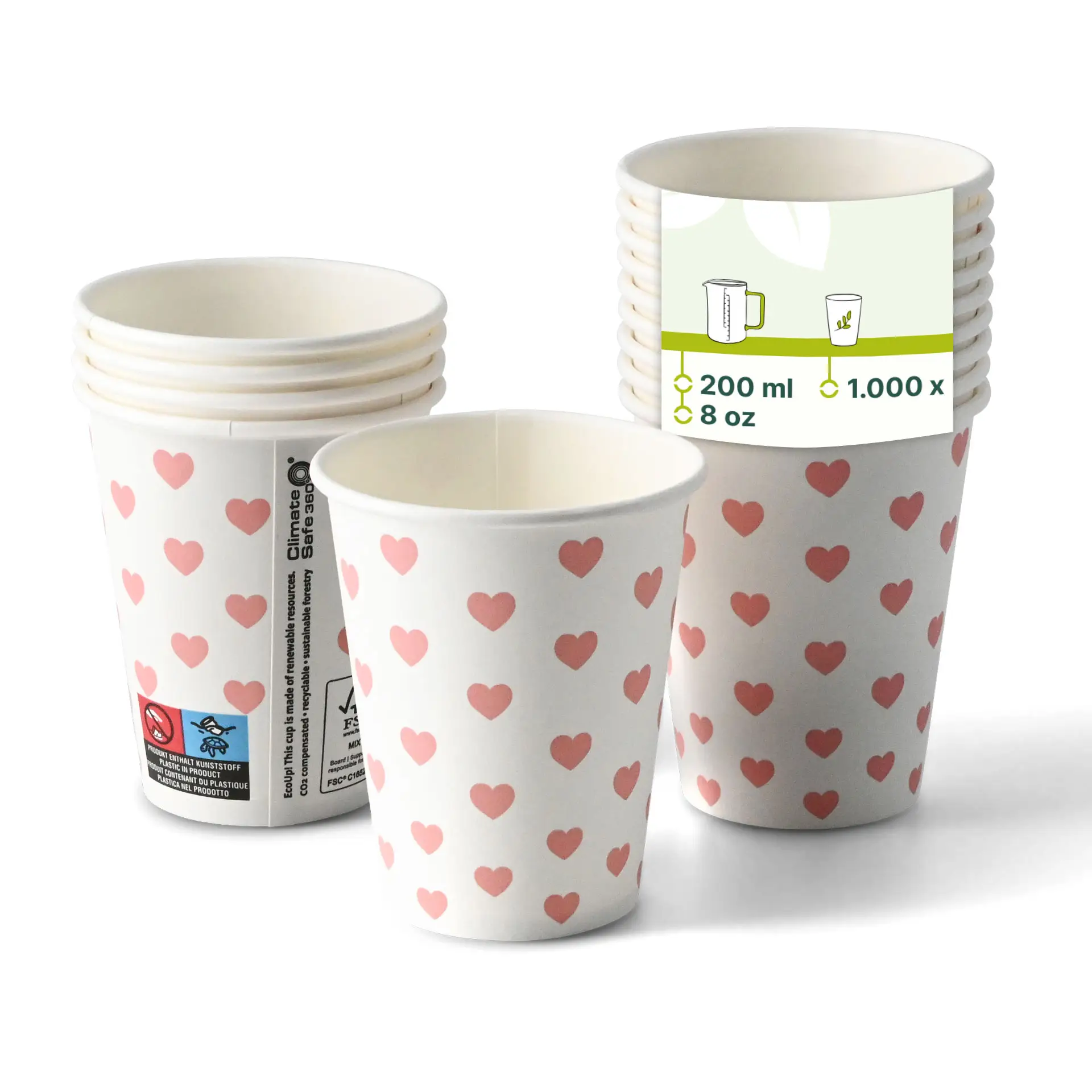 Gobelet en papier imprimé "Hearts" (revêtu) 200 ml / 8 oz, Ø 80 mm, blanc con10032-01-0-pappbecher-bedruckt-hearts-beschichtet-200-ml-8-oz-80-mm-weiss