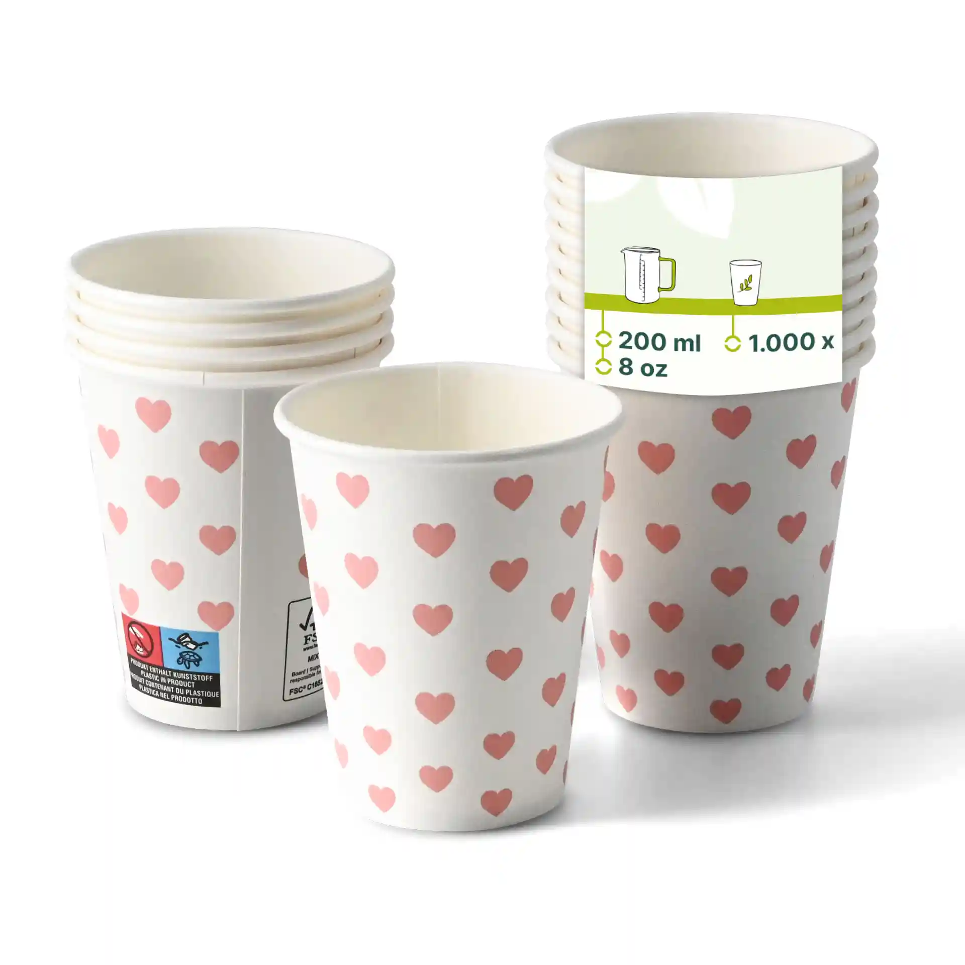 Gobelets en papier ronds avec un fond blanc et des motifs de cœurs roses, empilés avec un gobelet devant.