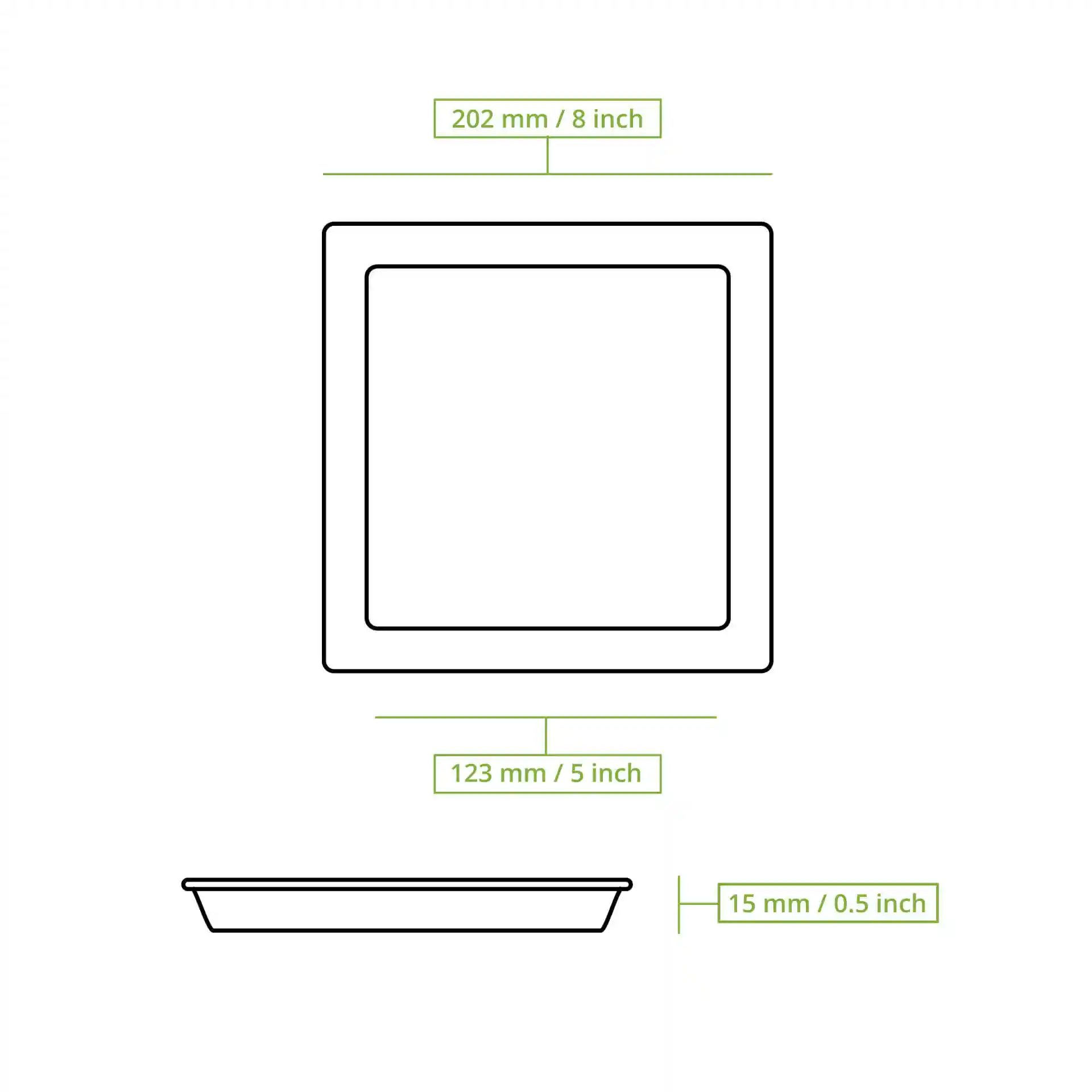 Dessin schématique d'une plaque carrée en canne à sucre de dimensions 202 mm par 202 mm et hauteur de 15 mm.