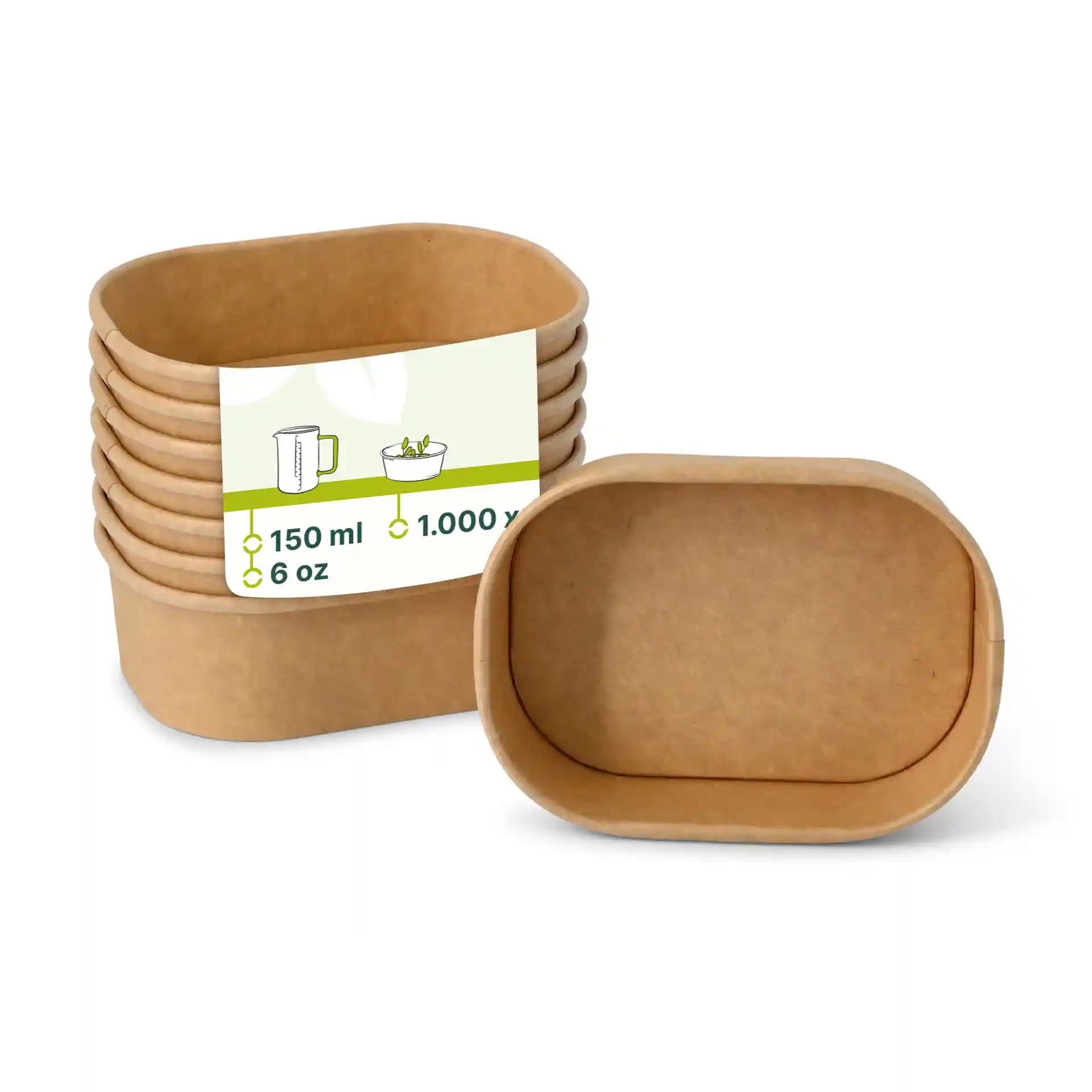 Ensemble de contenants alimentaires en carton brun rectangulaires, 150 ml, avec un contenant affiché devant des contenants empilés.