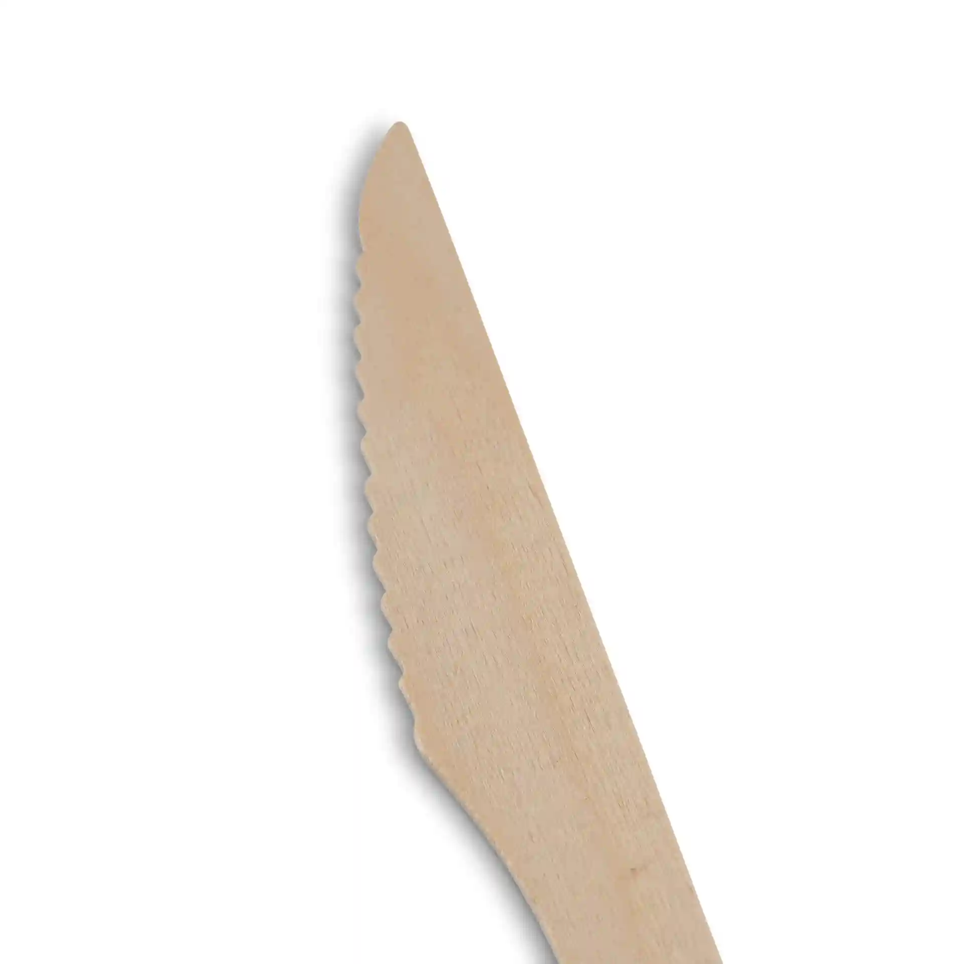 Couteau en bois avec une lame dentée, mesurant 16,5 cm de long, sur fond blanc.