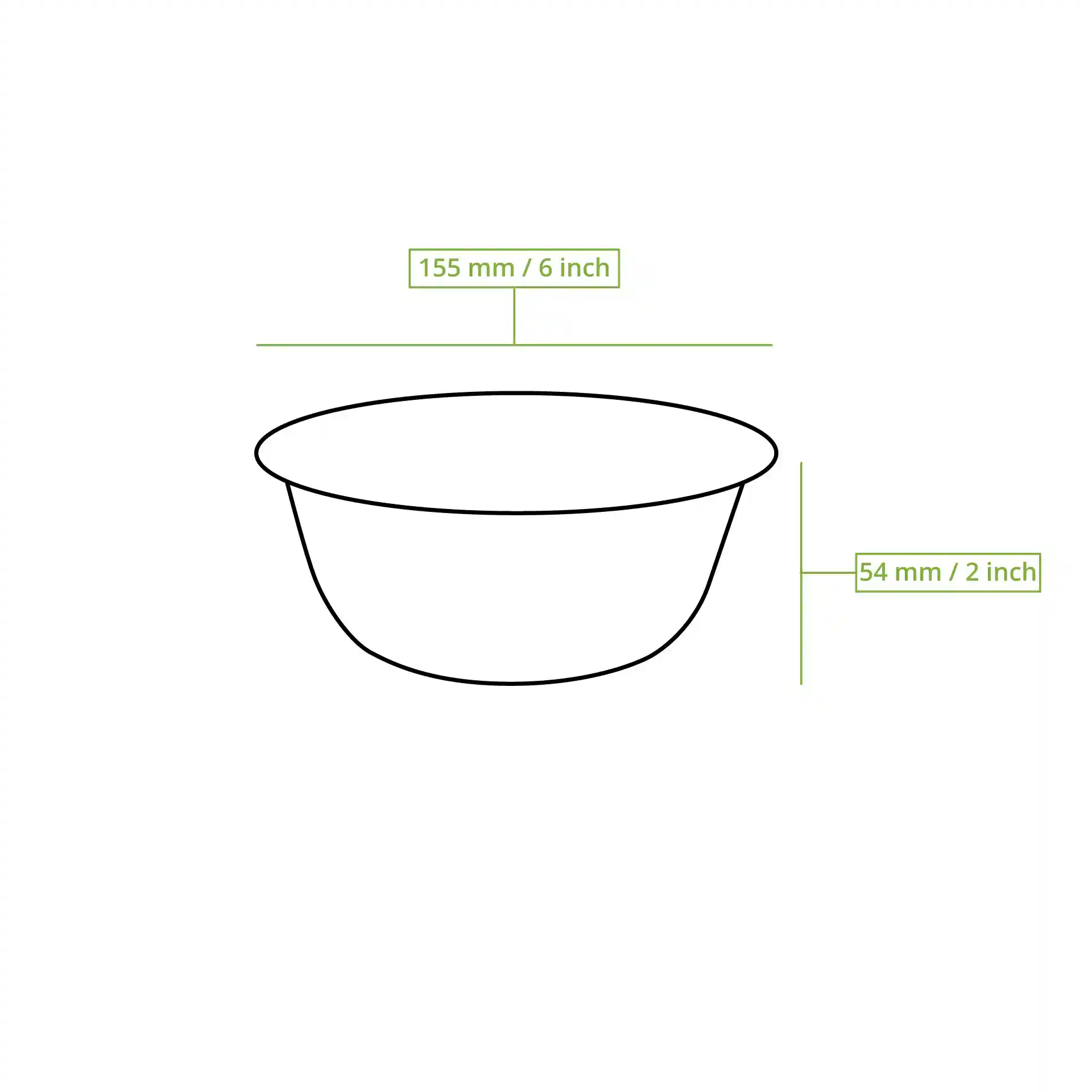 Dessin schématique d'un bol rond en canne à sucre avec un diamètre de 155 mm et une hauteur de 54 mm.