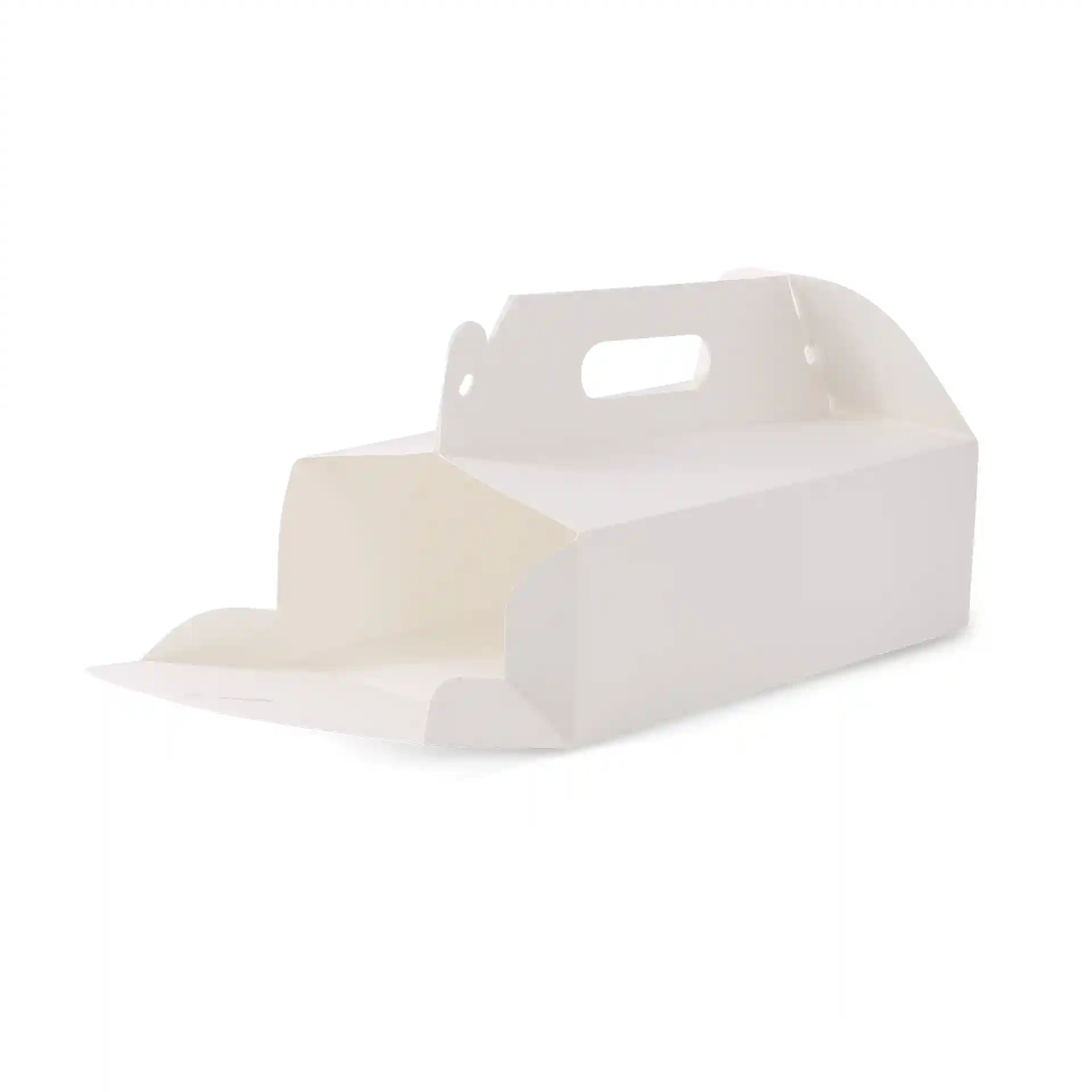 Boîte à pâtisserie en carton rectangulaire blanche avec poignée, mesurant 26 x 17 x 9 cm, design pliable.