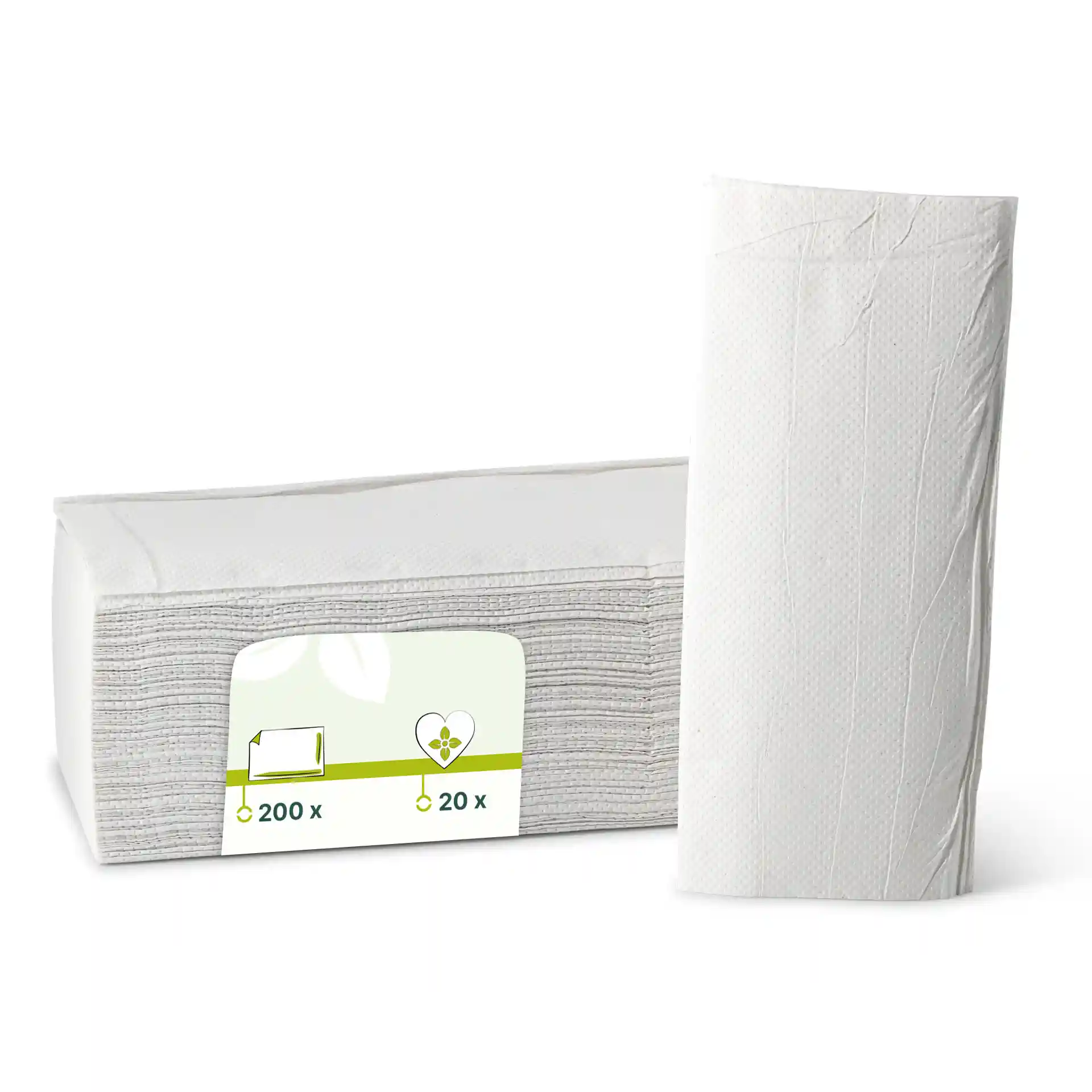 Serviettes blanches pliées en 2, empilées, avec une étiquette indiquant 200 feuilles, et une serviette présentée debout.