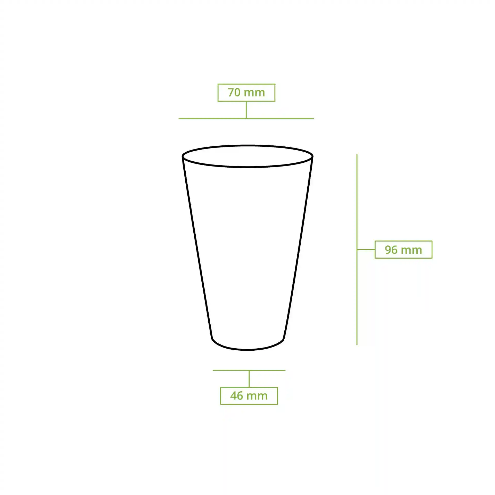 Dessin schématique d'un gobelet en plastique avec des lignes de dimension indiquant une hauteur de 96 mm et un diamètre supérieur de 70 mm.