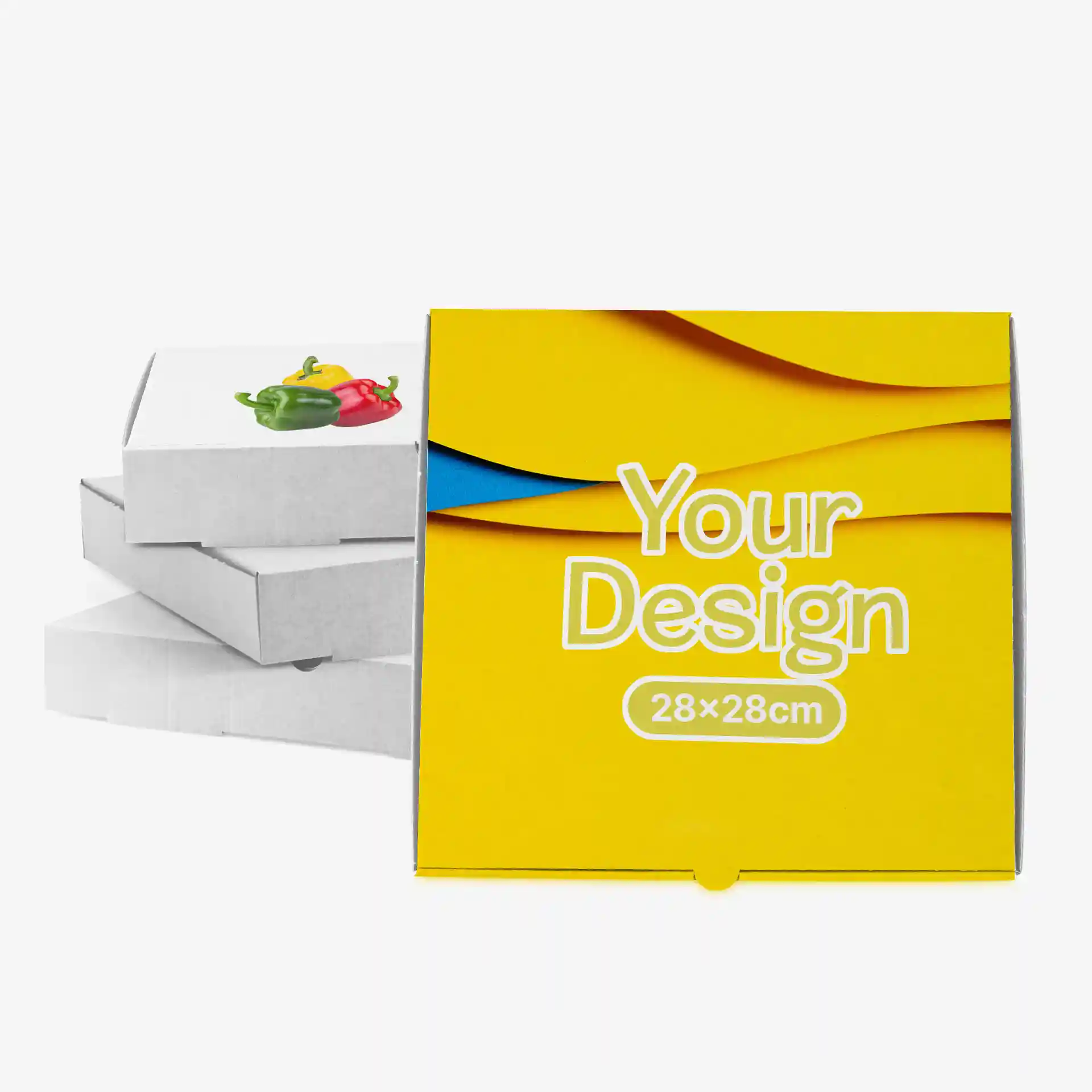 Boîte à pizza jaune avec une zone de design, mesurant 28 x 28 cm, à côté de plusieurs boîtes blanches avec des graphiques de poivrons colorés.