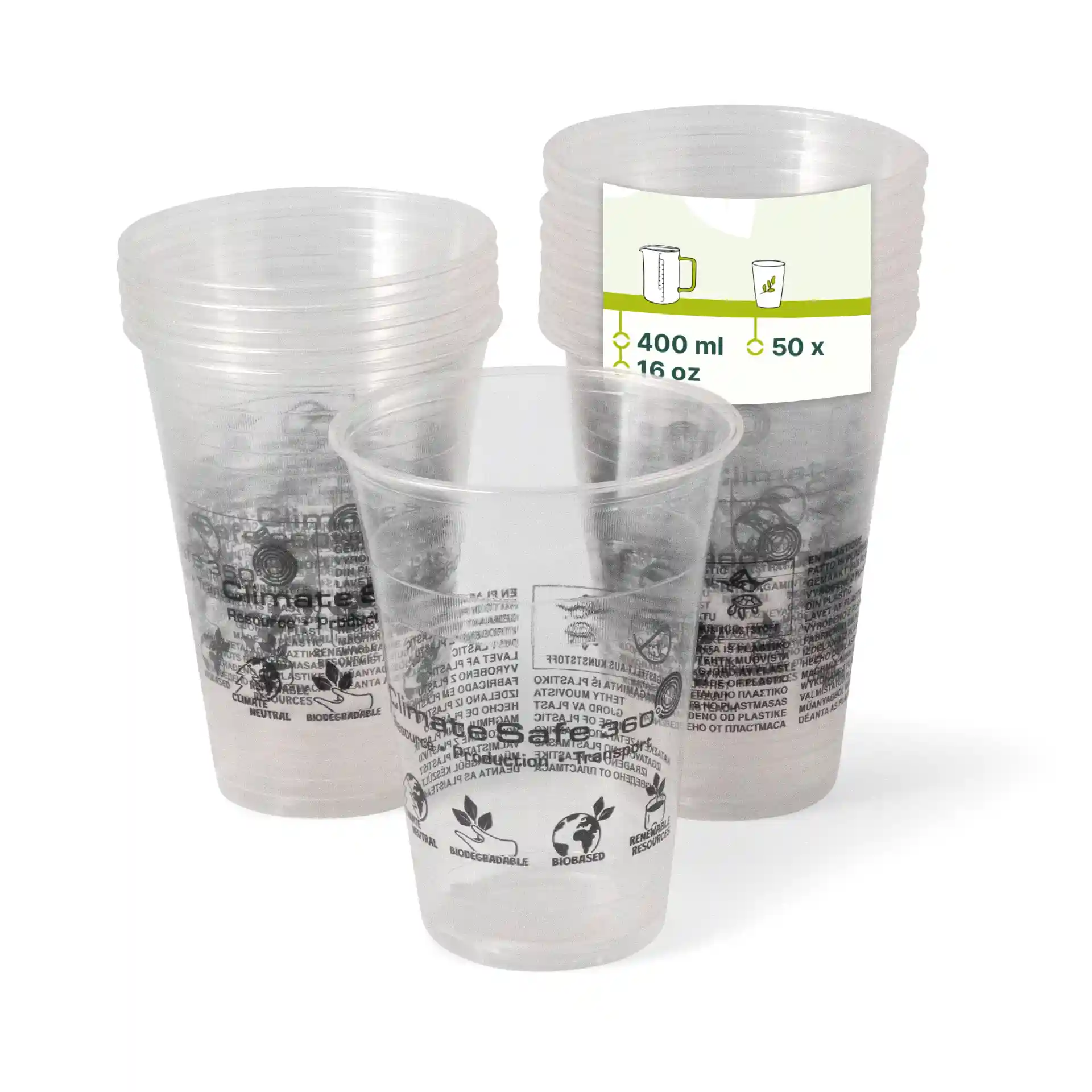 Gobelets à smoothie PLA transparents de 16 oz empilés, avec un gobelet devant affichant une étiquette avec des marquages.