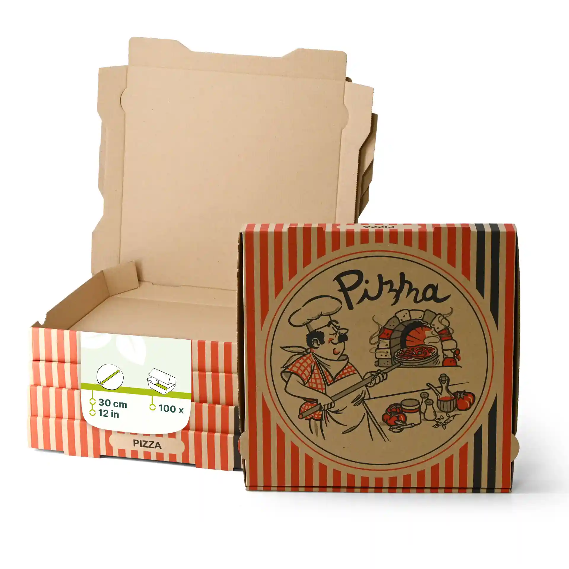 Boîte à pizza avec un design de chef pizzaiolo, mesurant 30 x 30 x 4 cm, avec plusieurs boîtes simples empilées derrière.