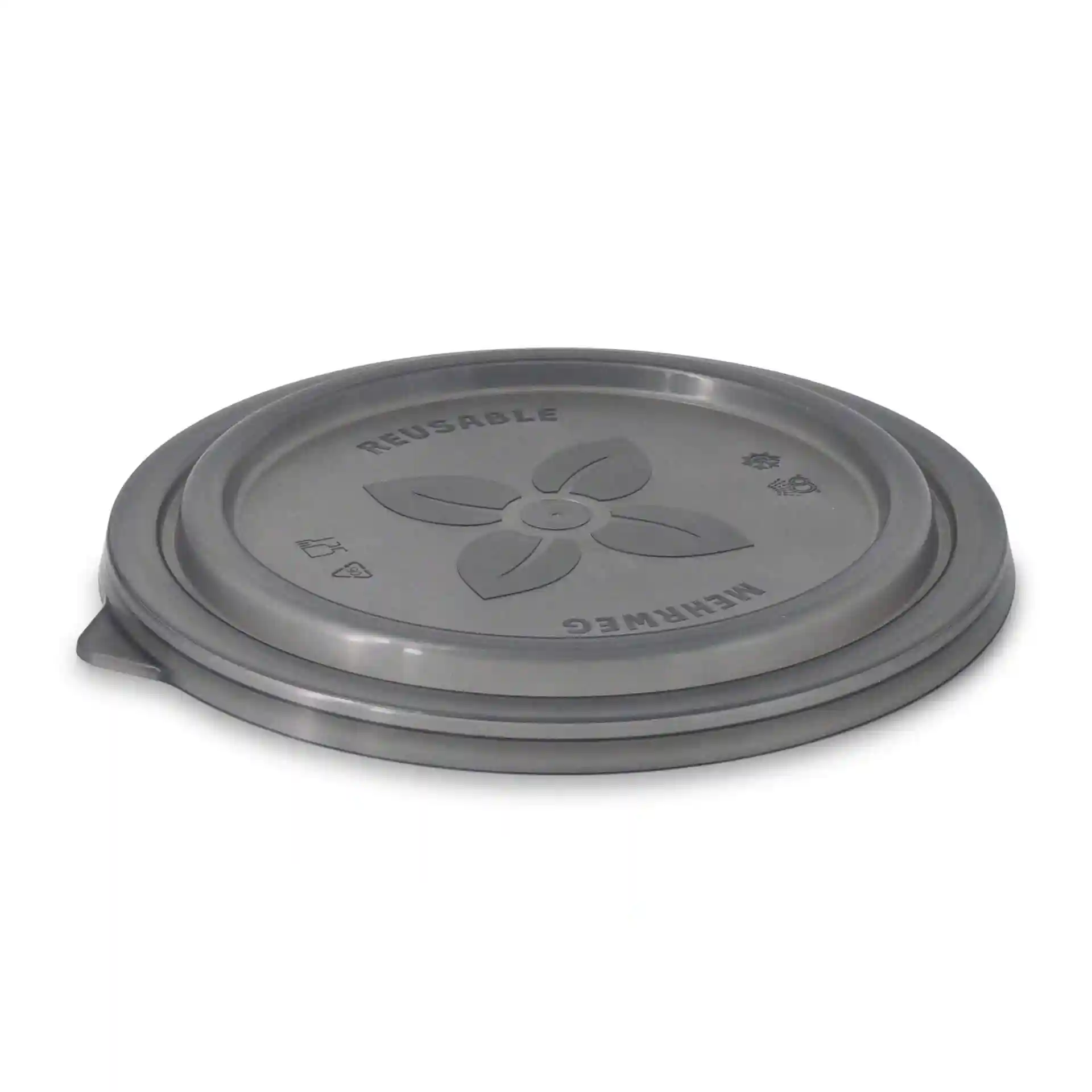 Couvercle rond gris réutilisable en polypropylène, d'un diamètre de 190 mm et d'une hauteur de 16 mm.