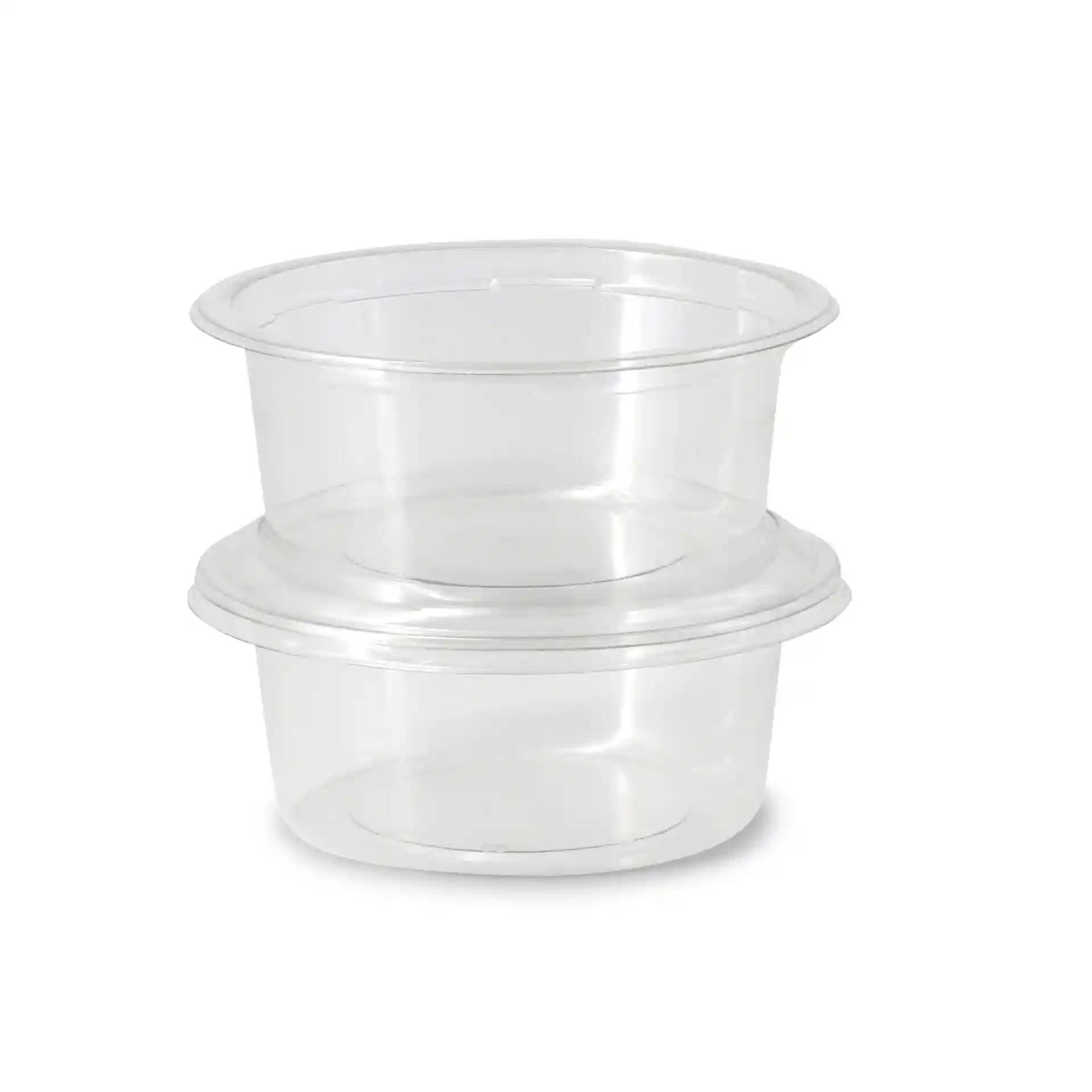 Pots deli rPET transparents empilés, avec un diamètre supérieur de 123 mm et une hauteur de 60 mm.
