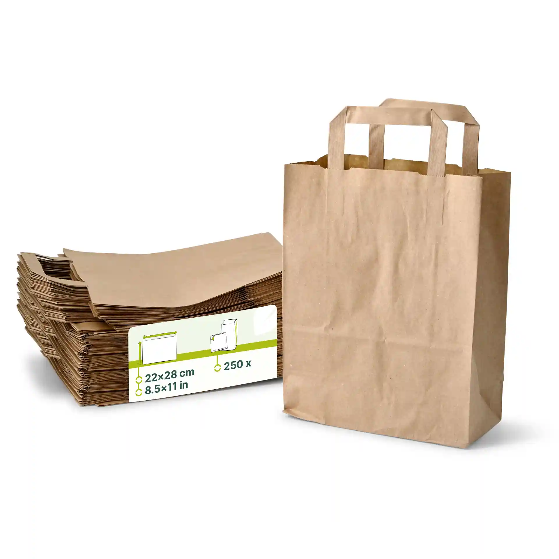Sac en papier brun avec poignées à côté d'une pile de feuilles brunes plates, montrant les dimensions et l'étiquette de quantité.